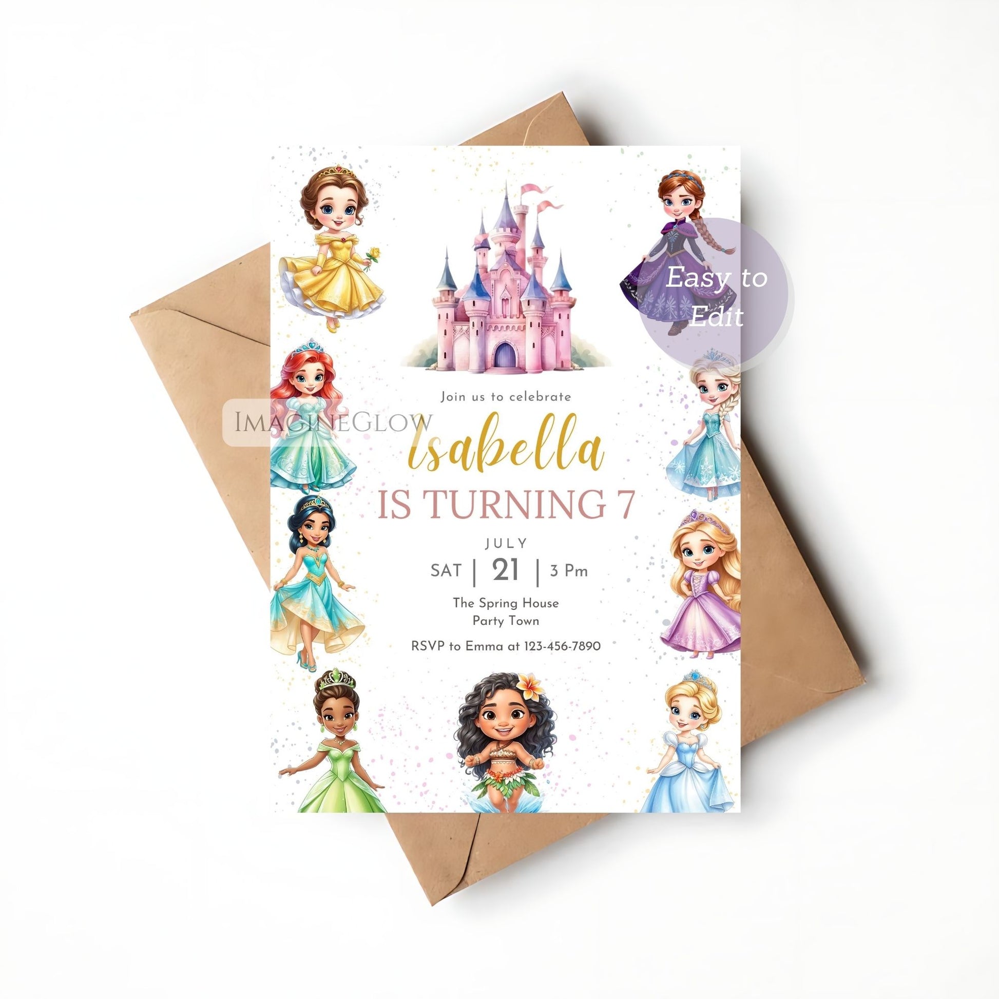 Birthday invitation card with princesses and a castle design on a white background.