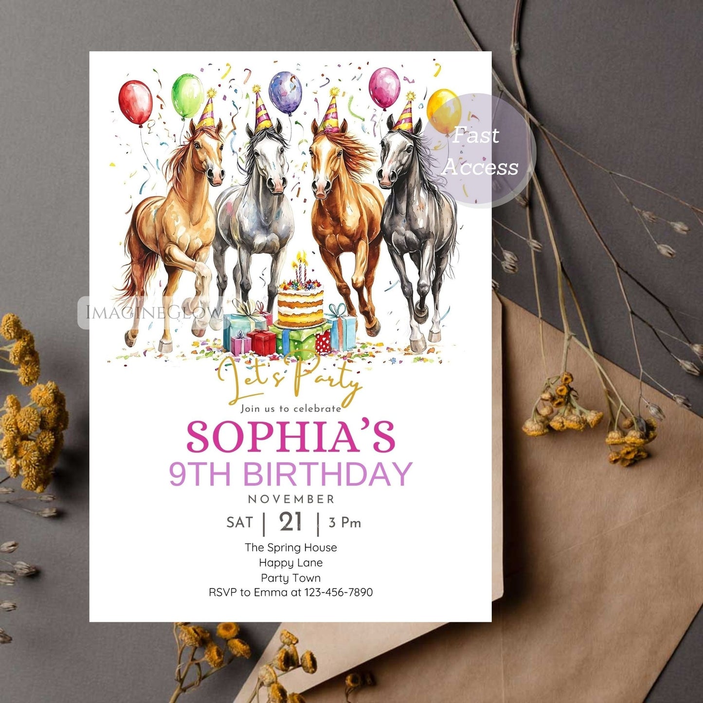 Western horse birthday party invite with balloons