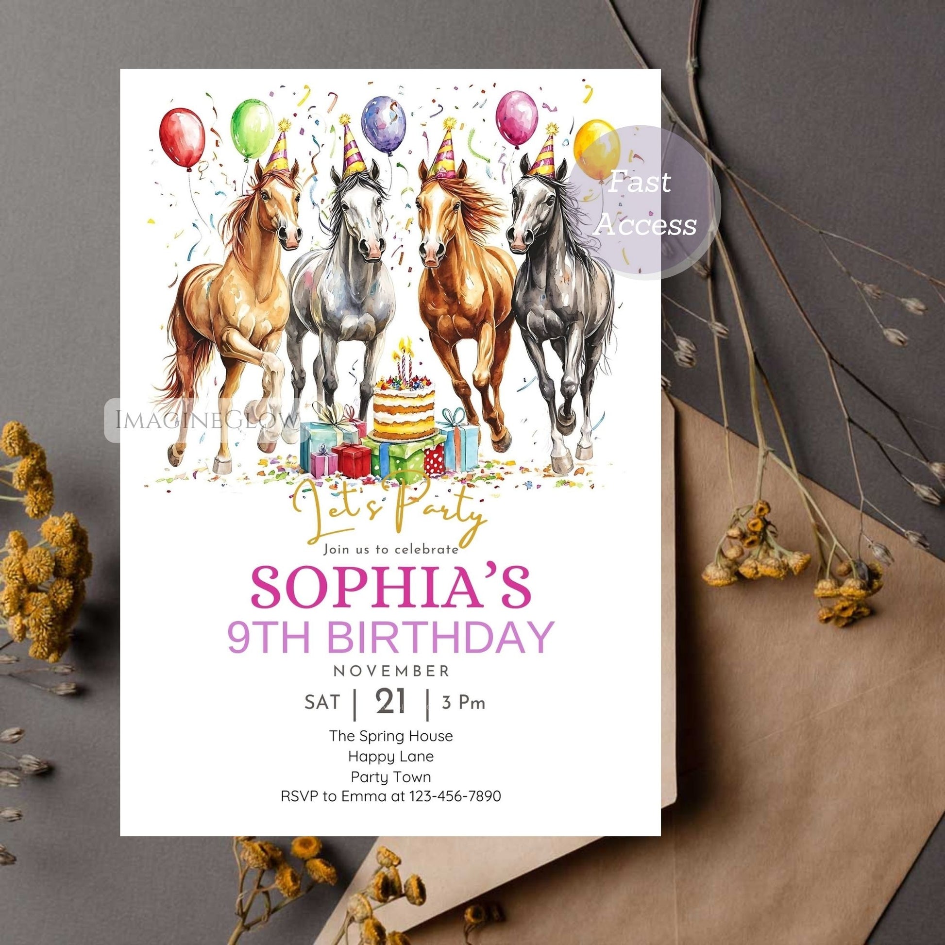 Western horse birthday party invite with balloons
