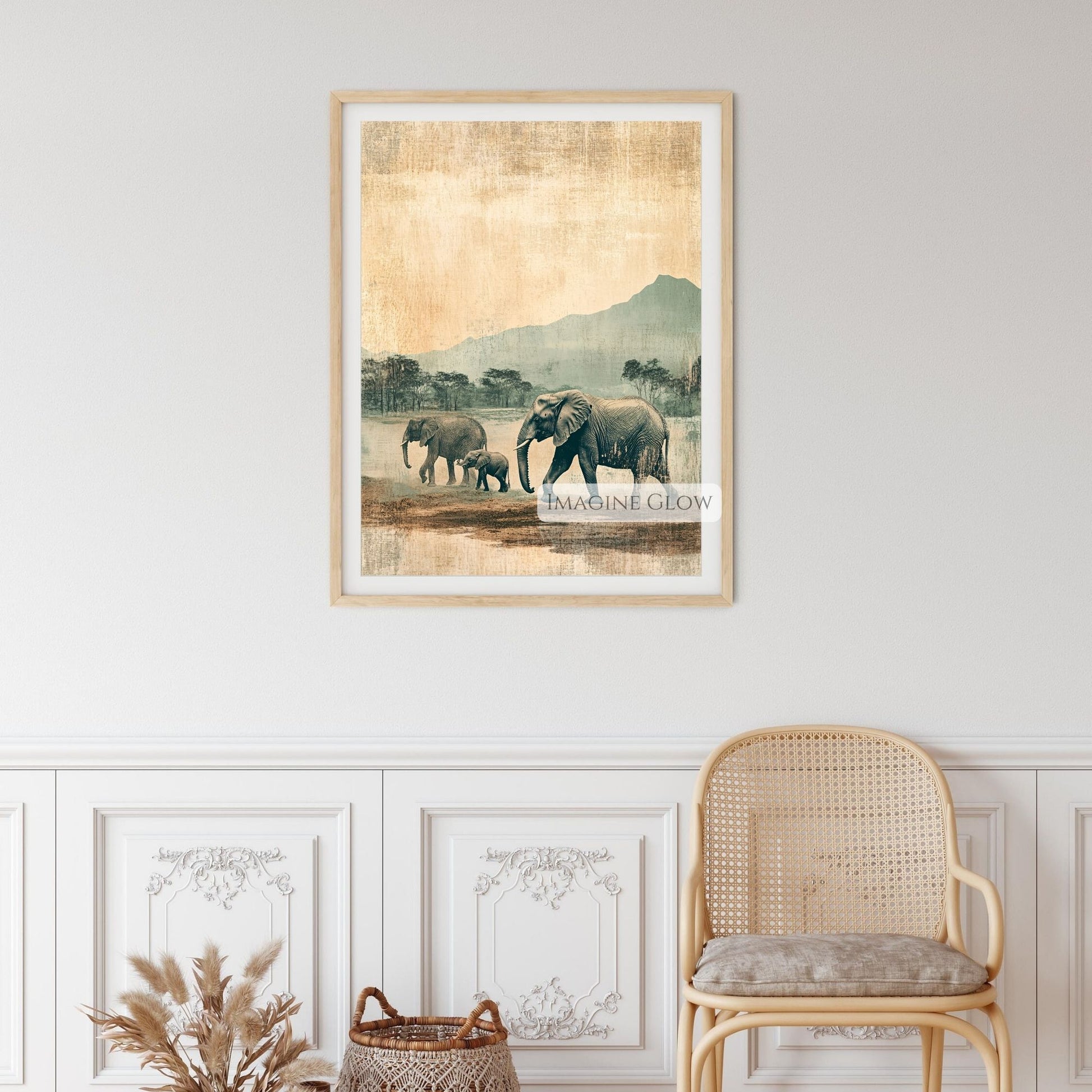 Antique elephant family print with a rustic safari theme.