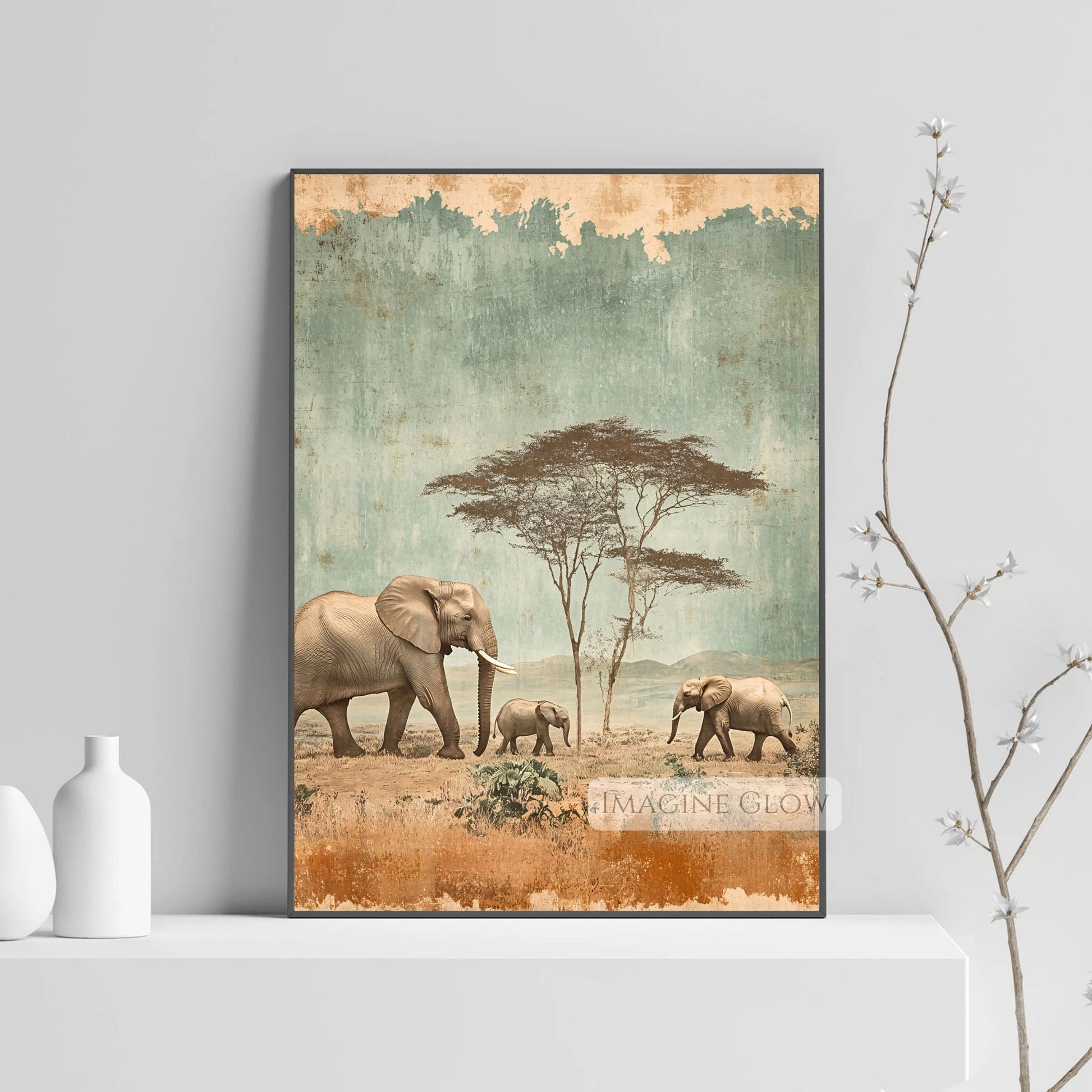Rustic antique elephant family digital wall art.