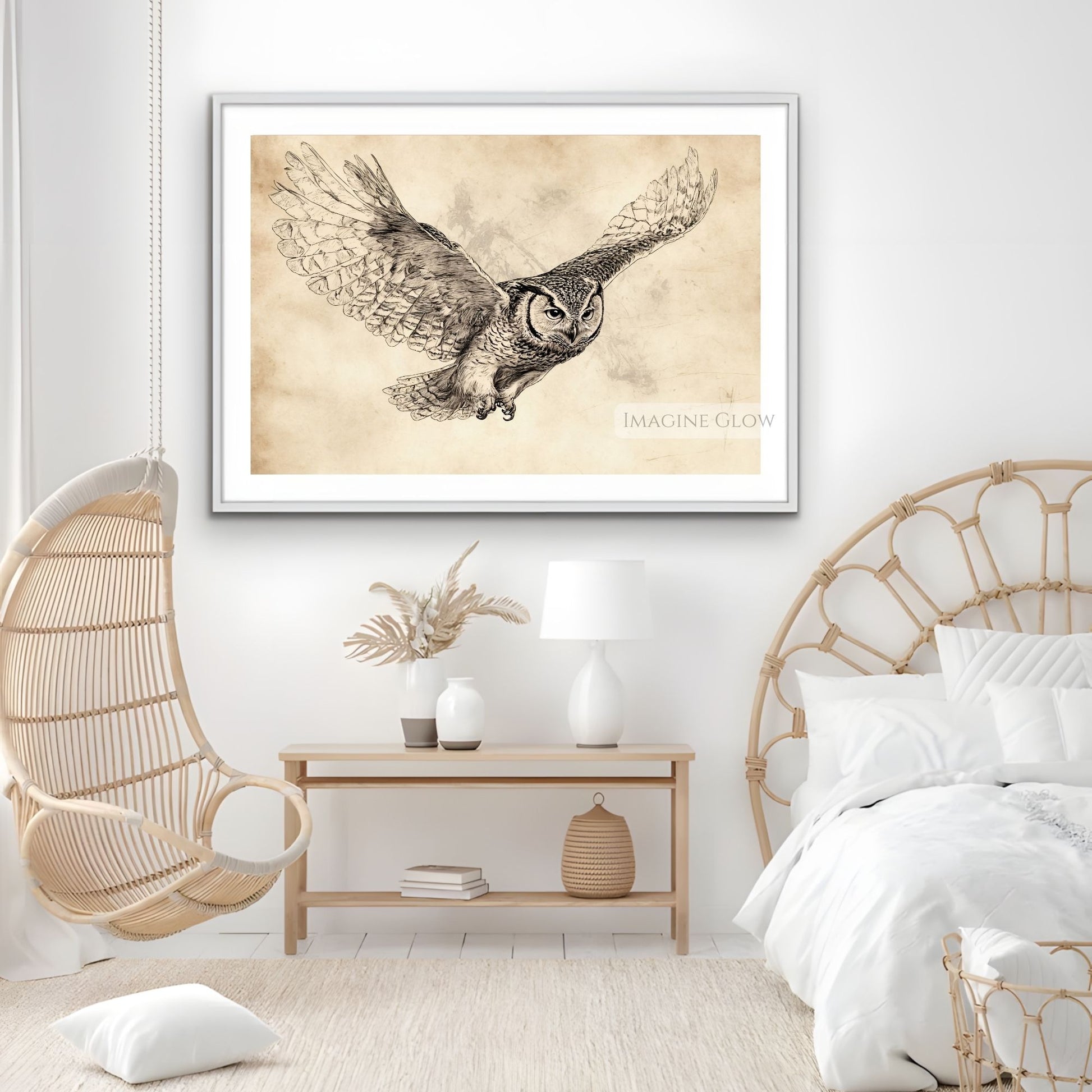 Antique owl drawing for rustic home interiors.