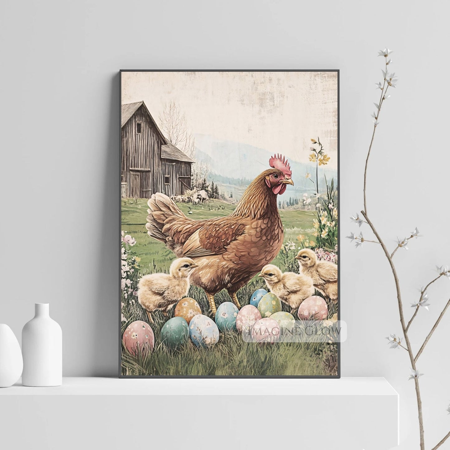 Vintage farm art with hen, chicks, and Easter eggs.