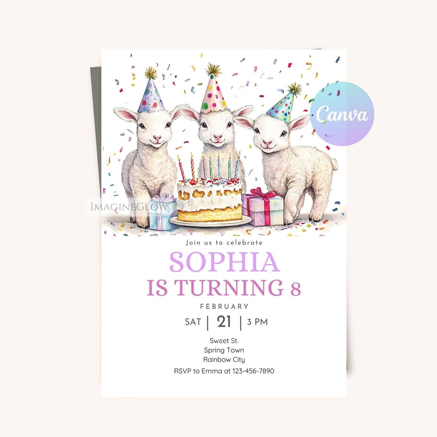 Lamb-themed birthday invite digital download