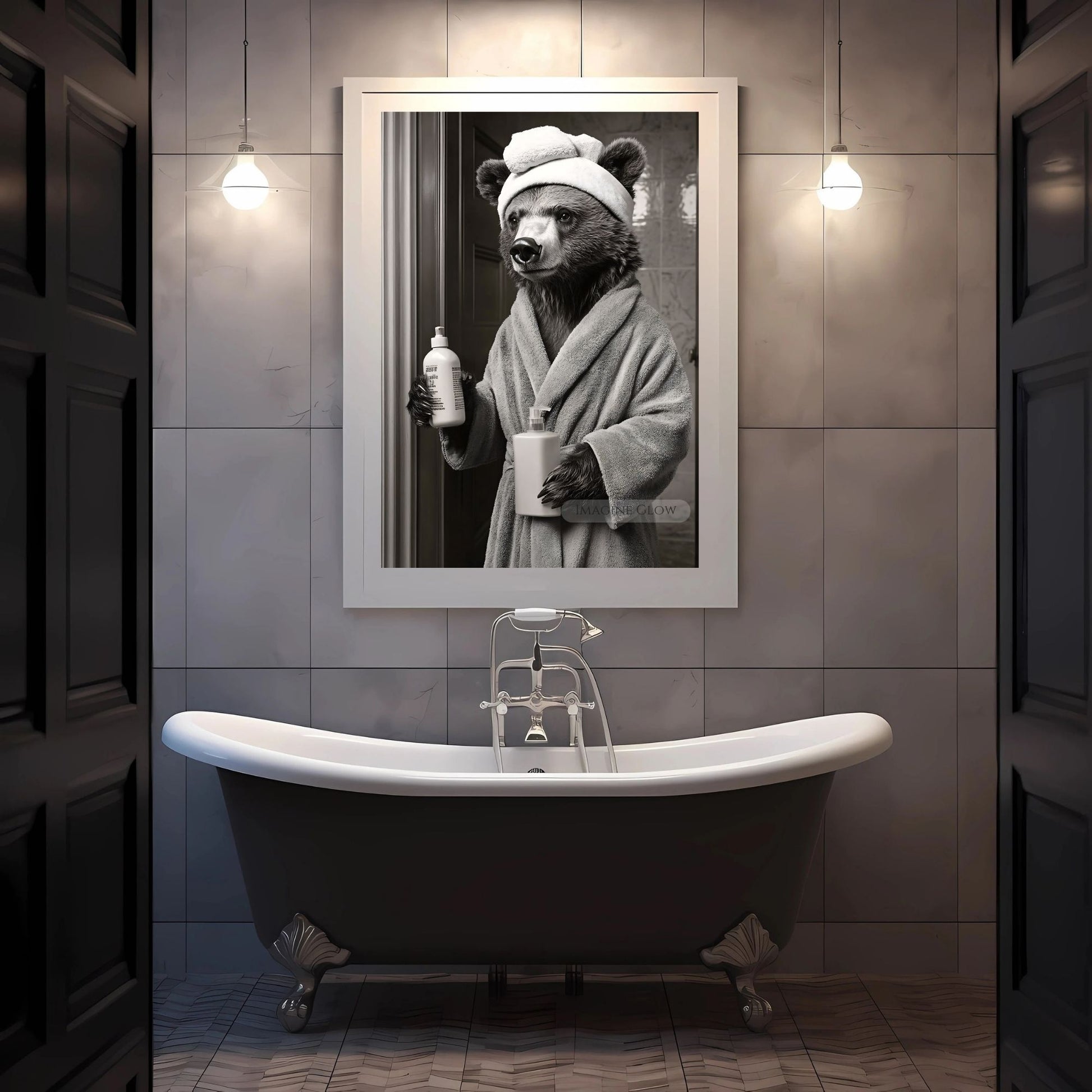 Animal-inspired bear bathroom wall art
Bear print for rustic or wilderness-themed bathroom