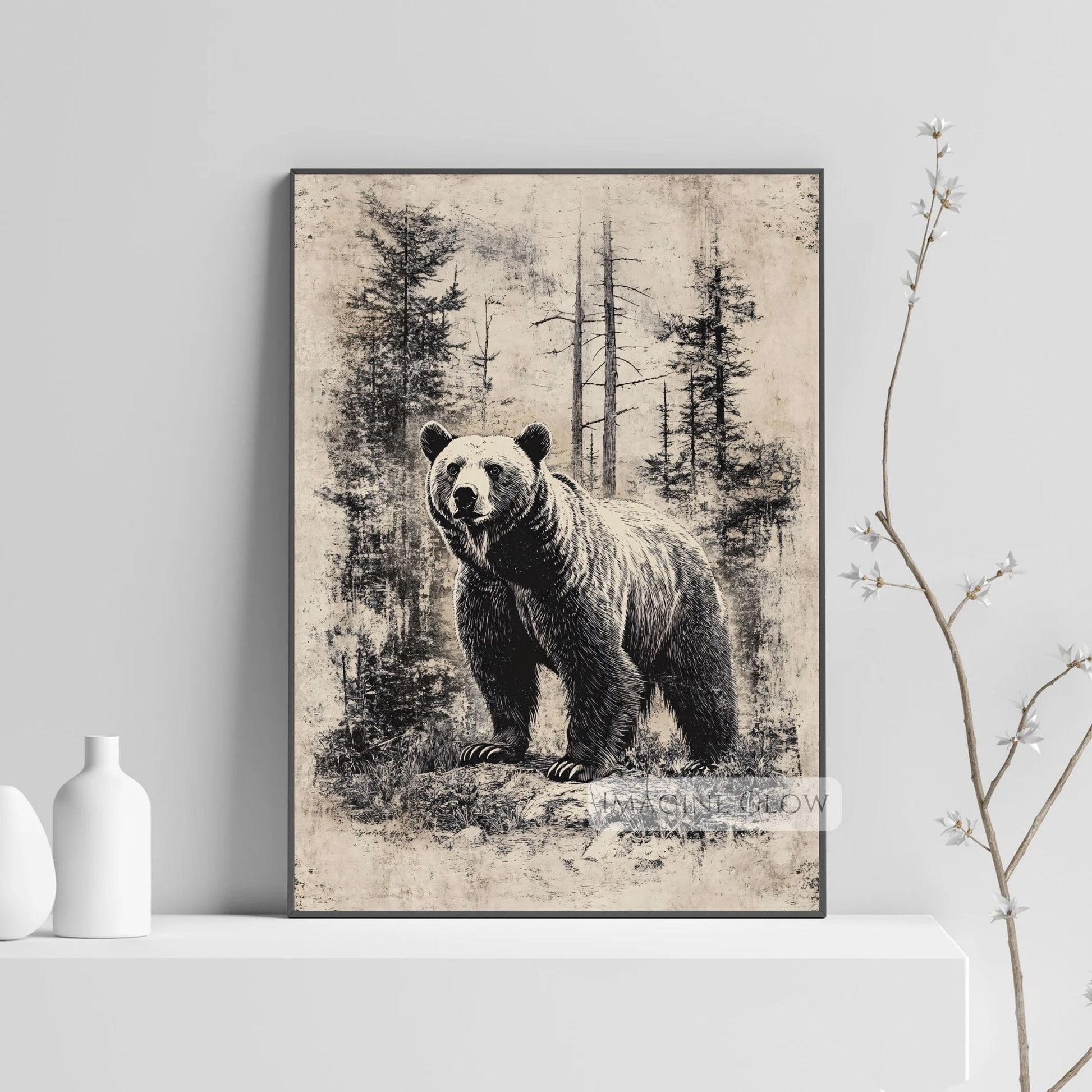 Vintage wildlife poster of a bear in a forest.