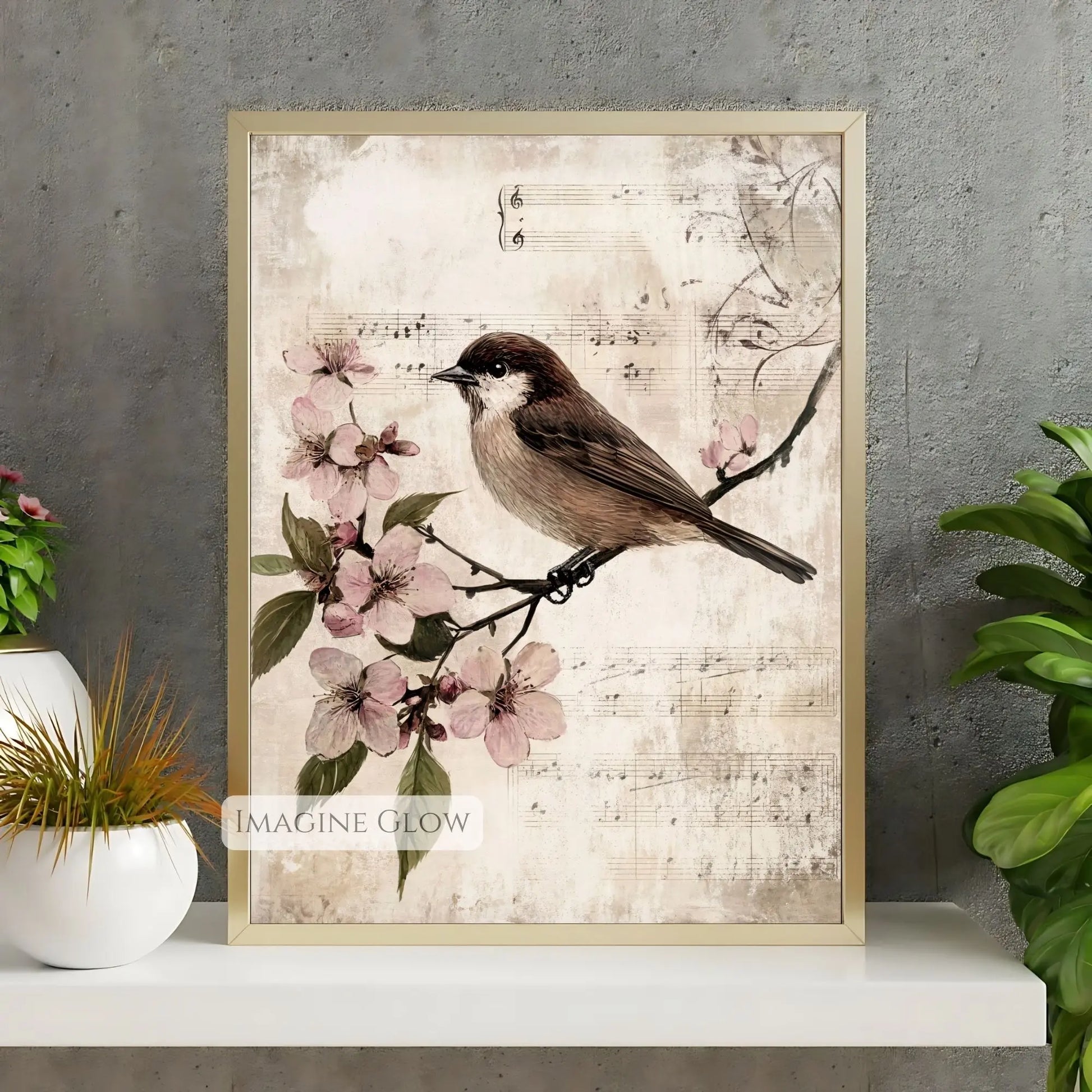 Timeless bird illustration on a blooming branch for home decor