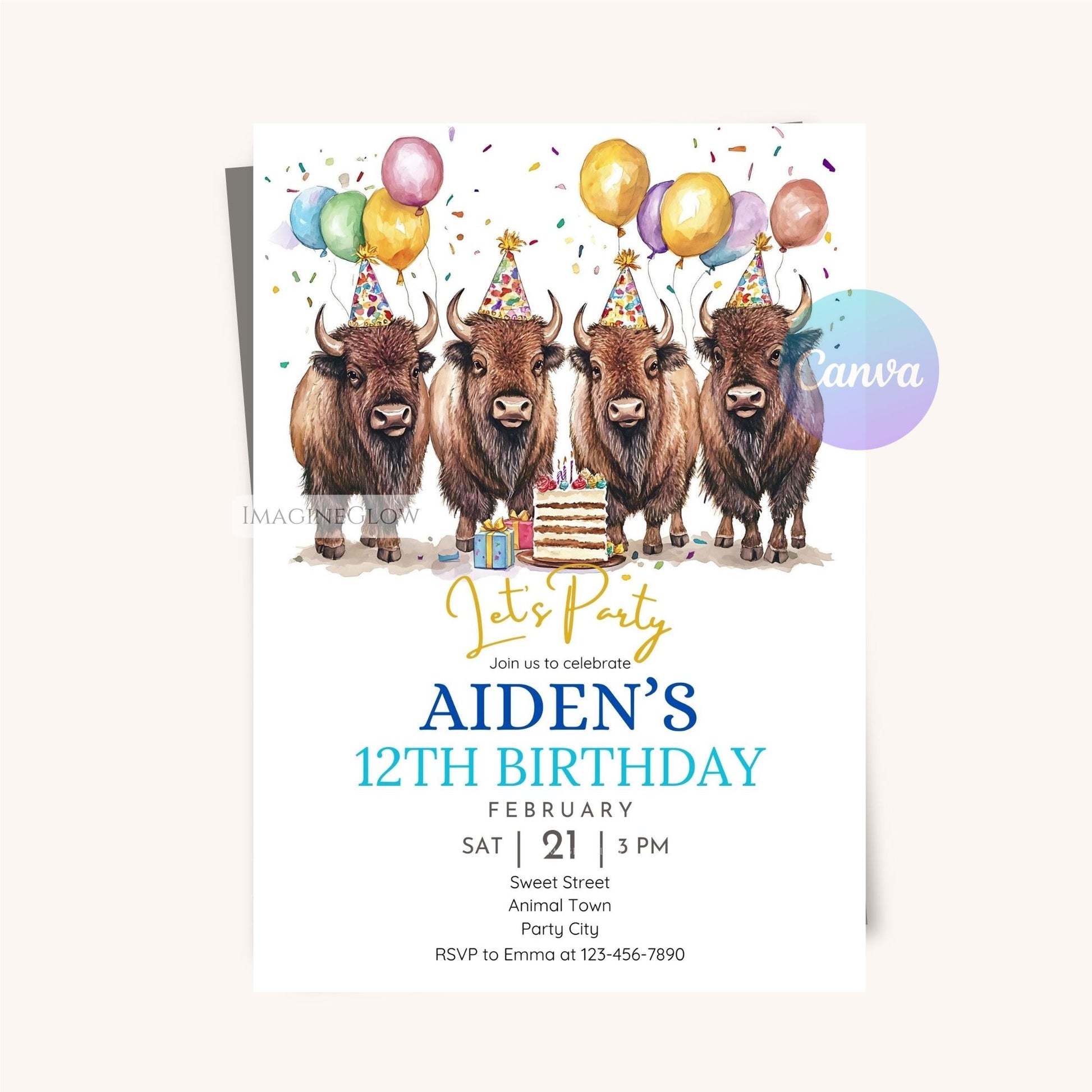 Wild West bison-themed birthday party invite