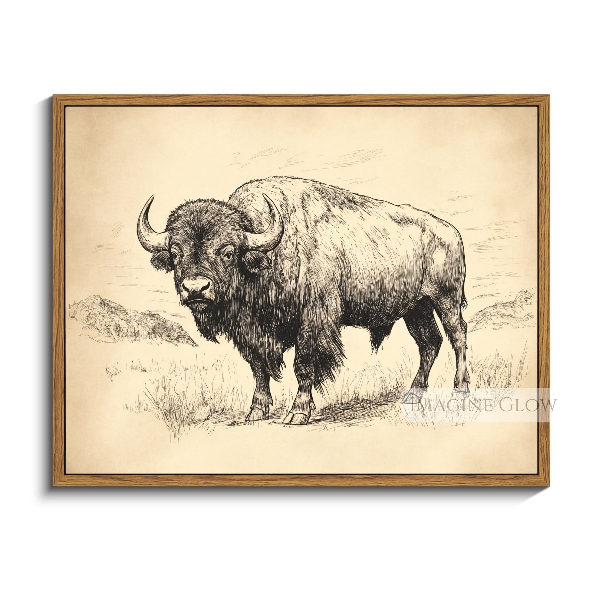 Rustic bison drawing for lodge and ranch decor.