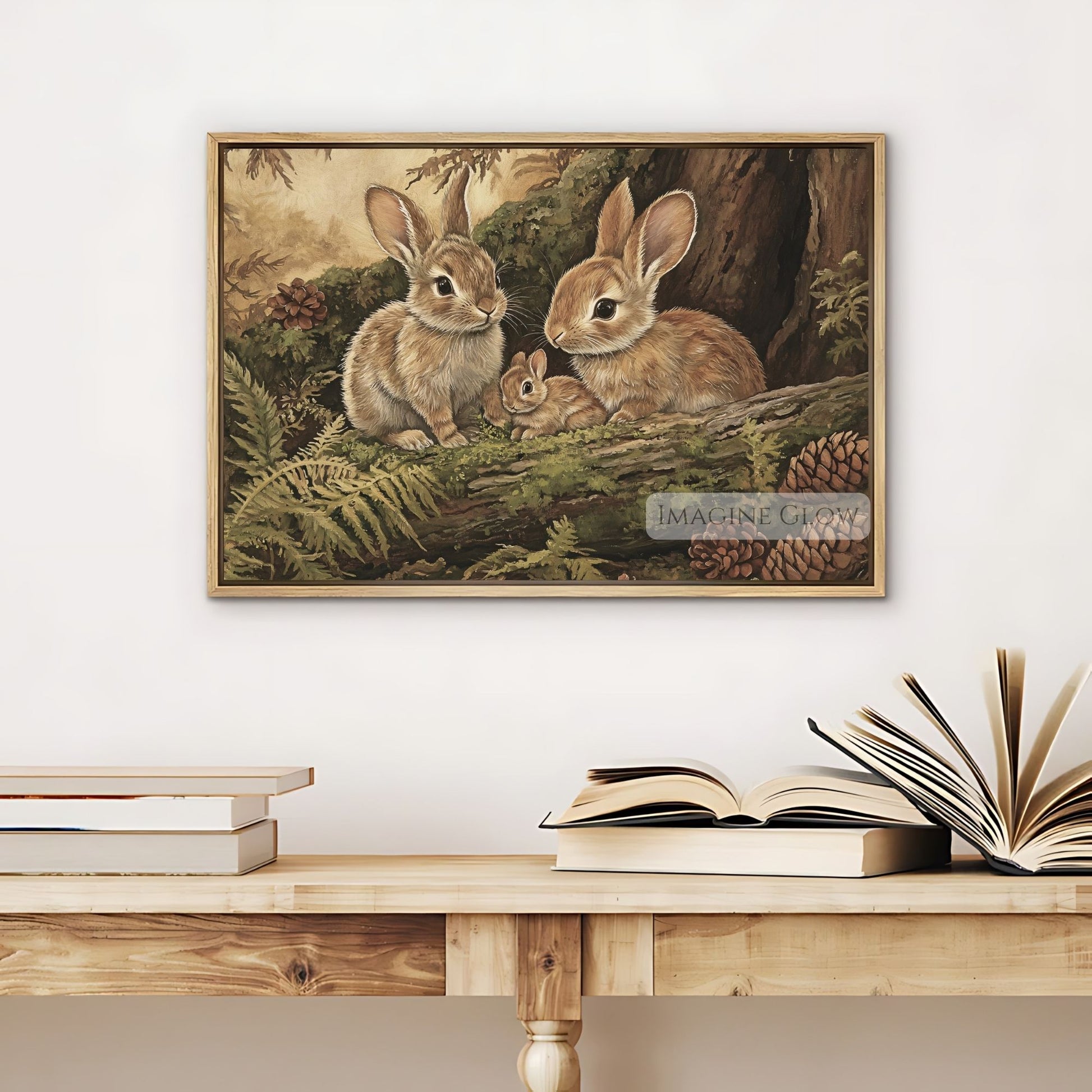 Timeless bunny family illustration in a forest.