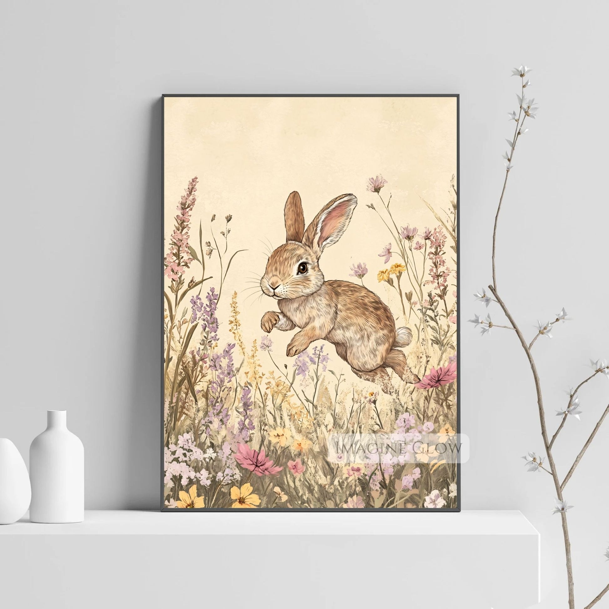 Vintage-inspired rabbit artwork for classic interiors.