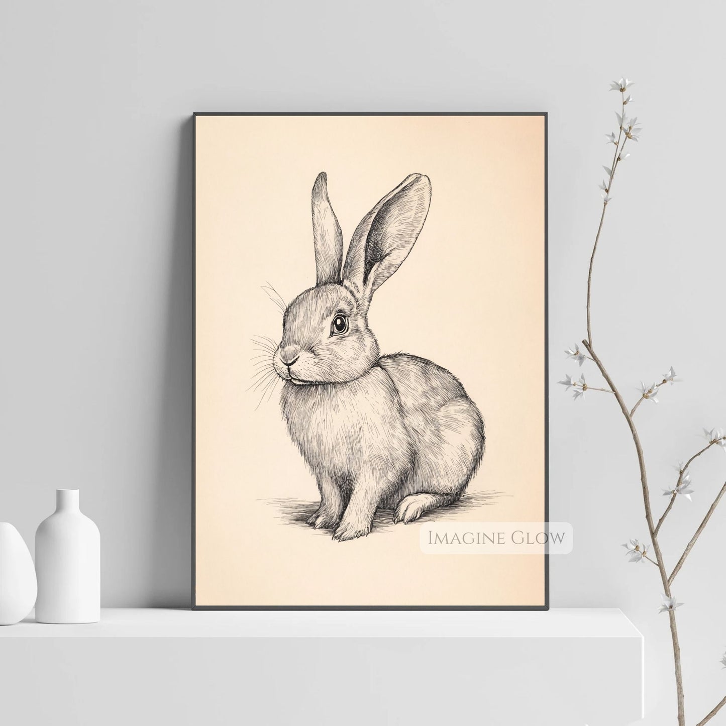Rustic hand-drawn bunny artwork for farmhouse decor.
