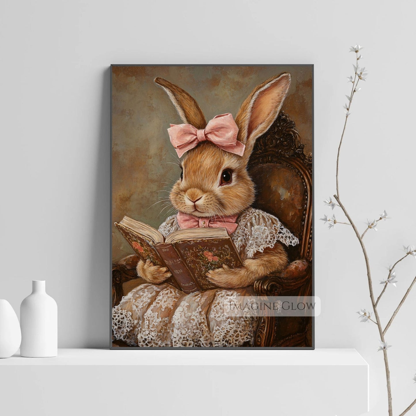 Charming bunny reading book home decor