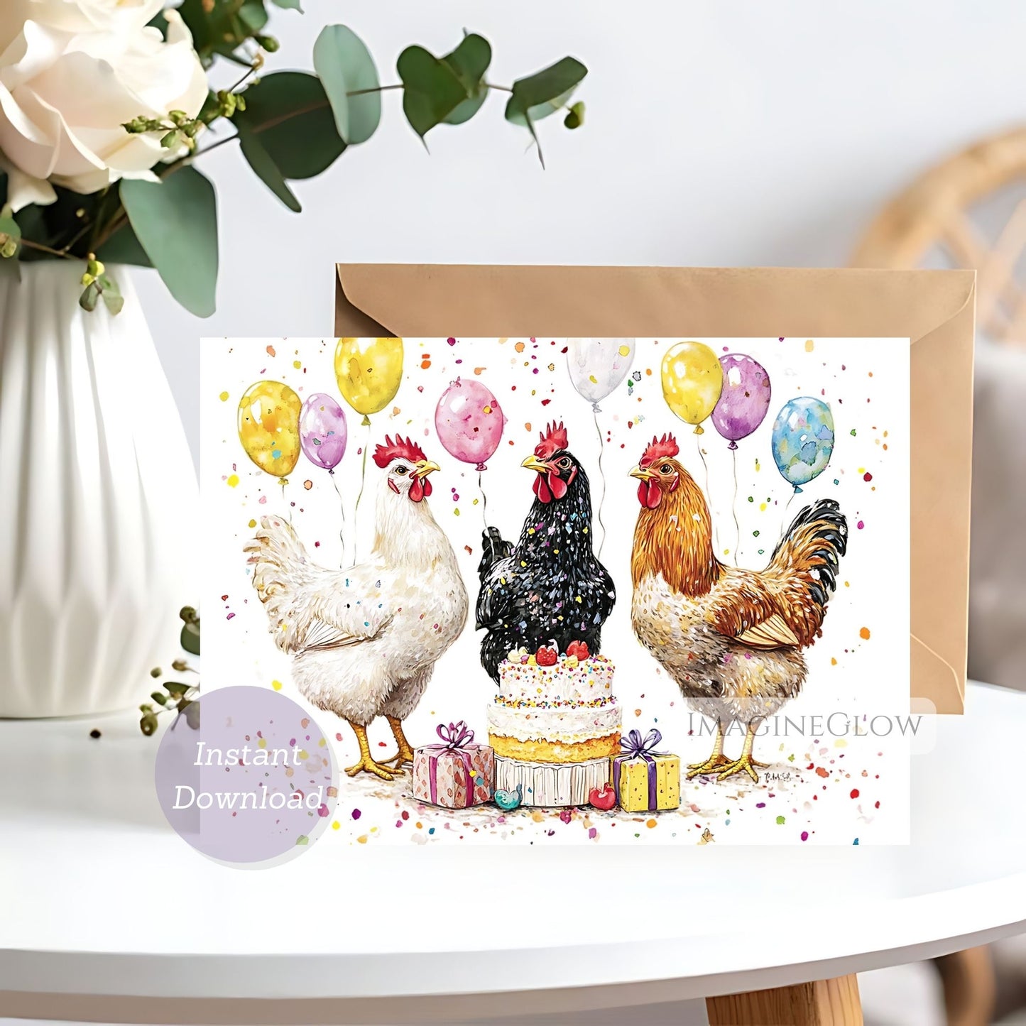 Chicken Birthday Card - Cute Farm Animal Card - Rustic Country Greeting