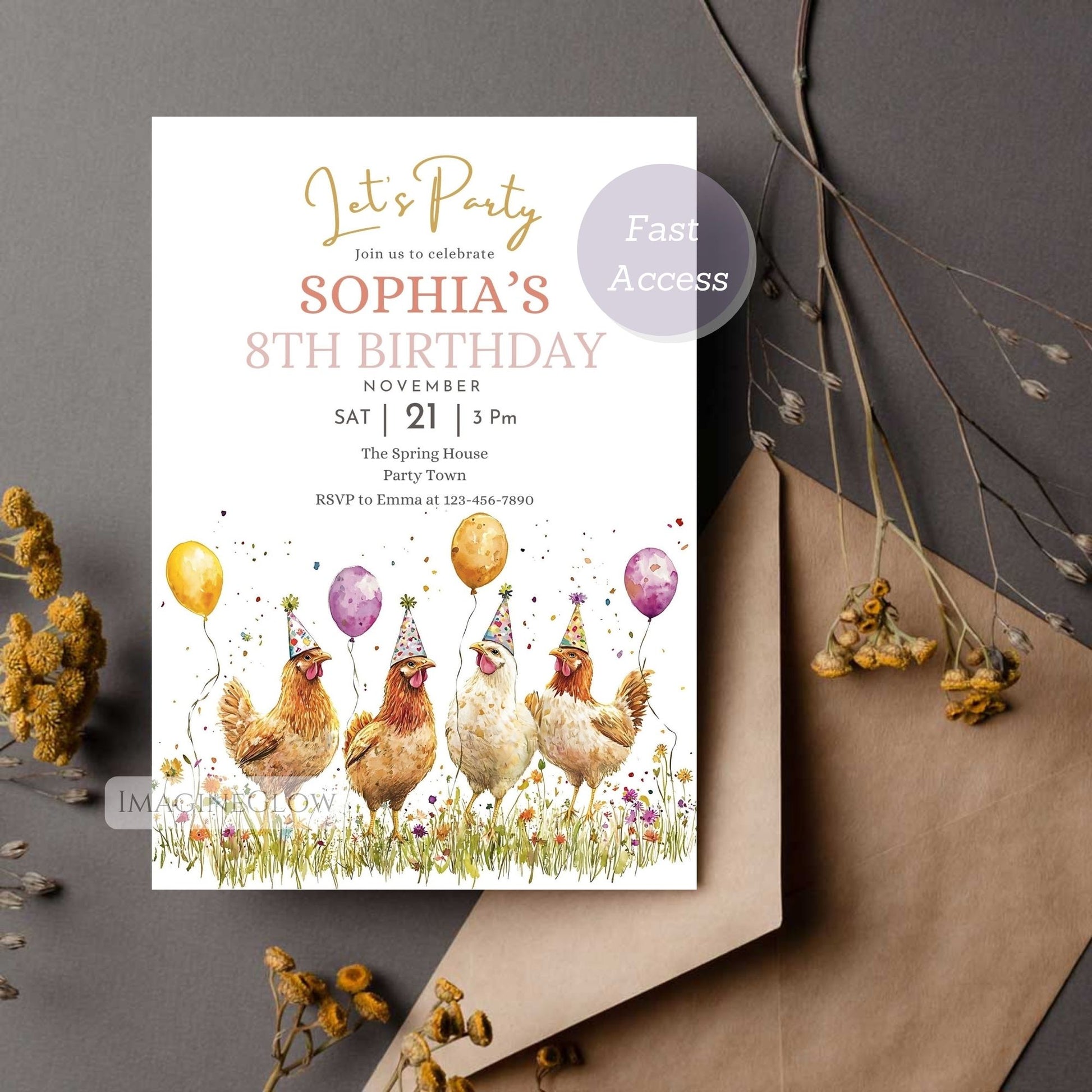 Instant download chicken wildflower birthday invitation
Countryside chicken wildflower birthday party invite editable