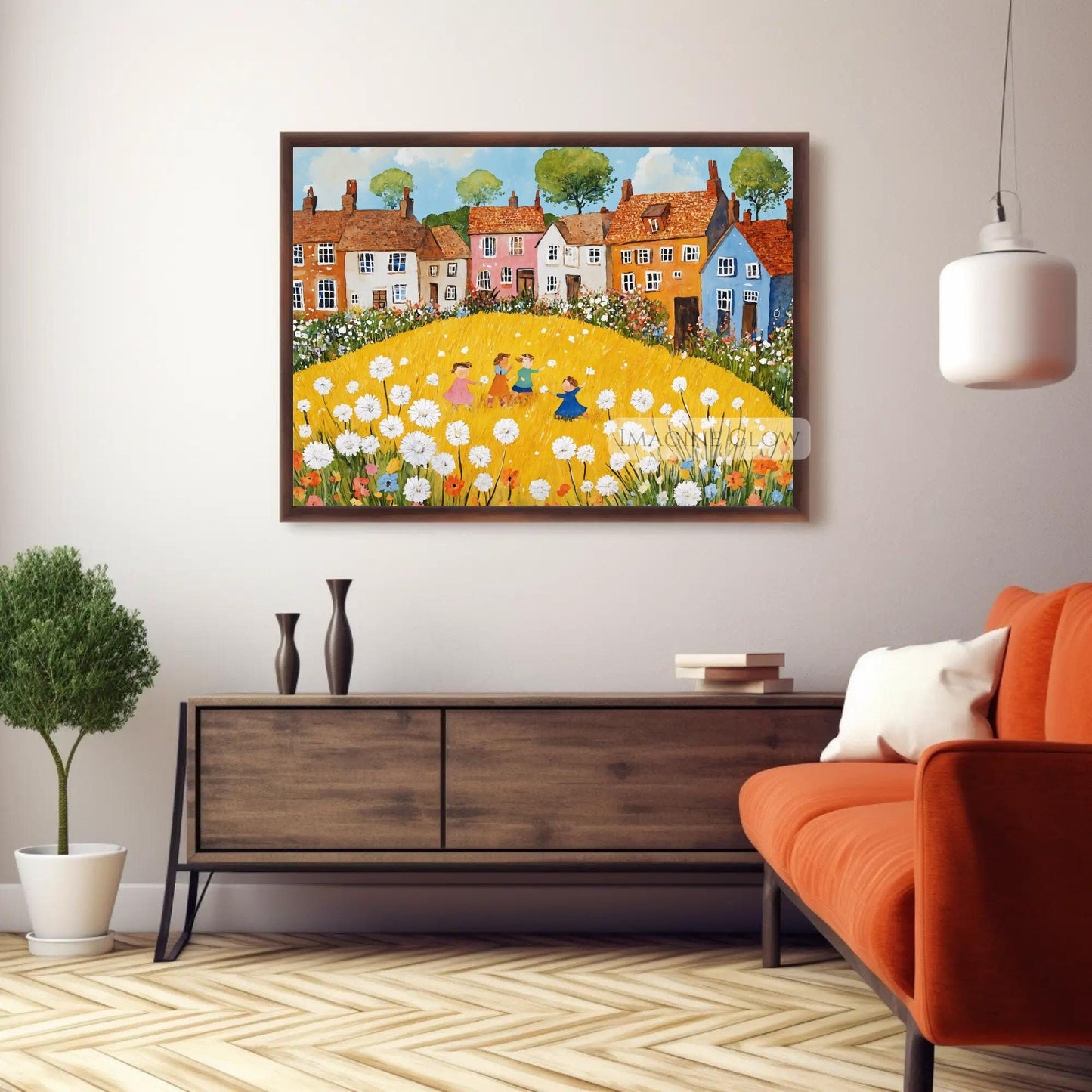 Folk art dandelions in soft spring tones for farmhouse decor