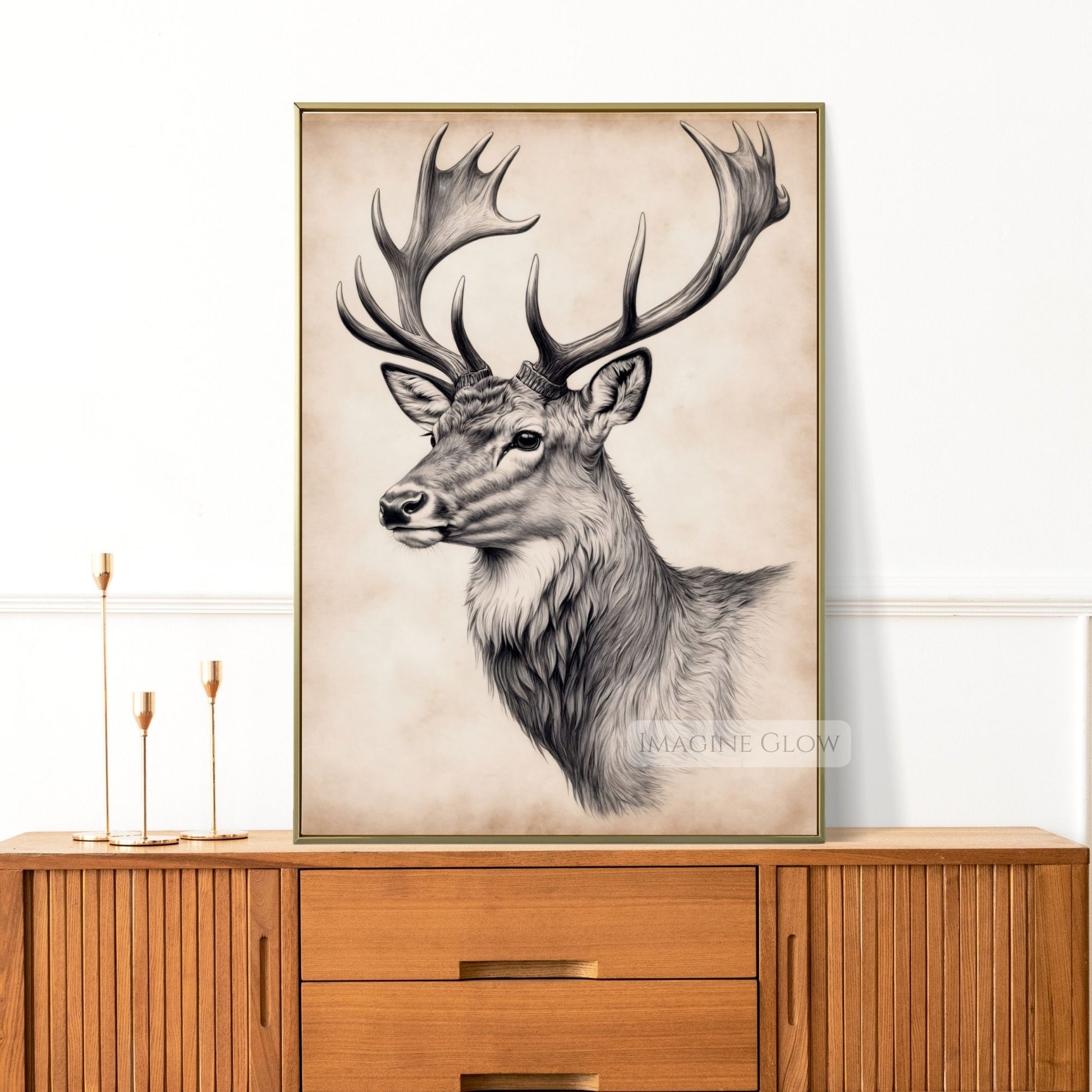 Rustic deer wall art in classic sketch style.