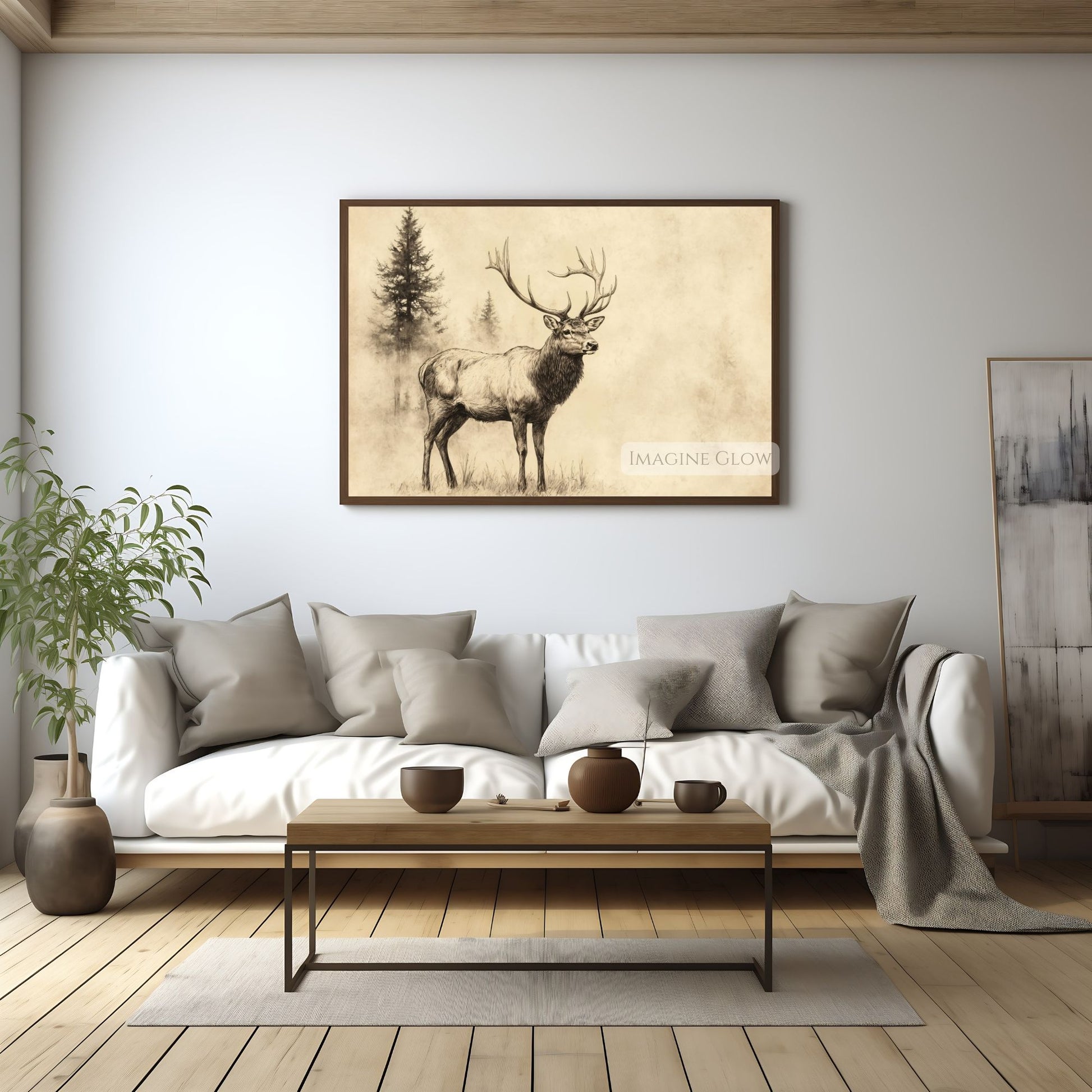 Elegant black-and-white stag artwork for cabin walls.