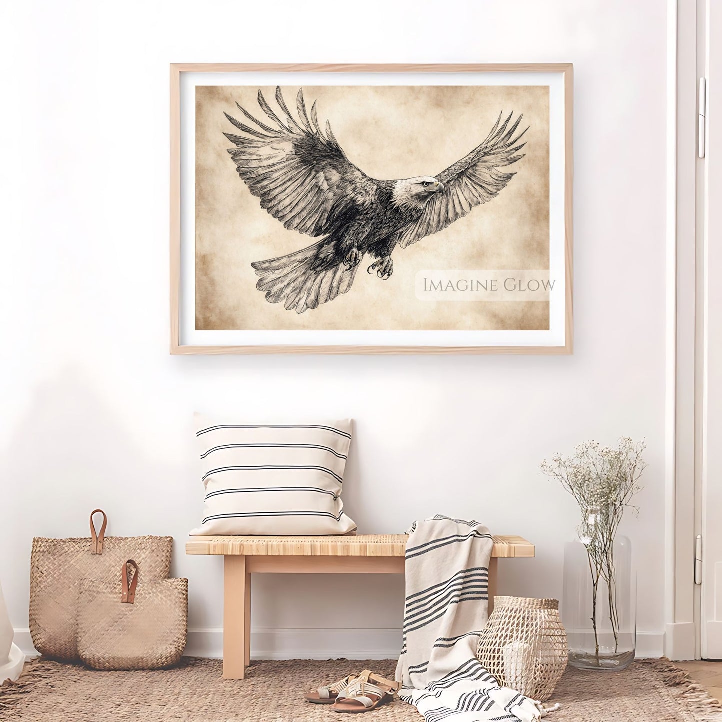 Black and white eagle sketch, rustic wildlife illustration for home decor.