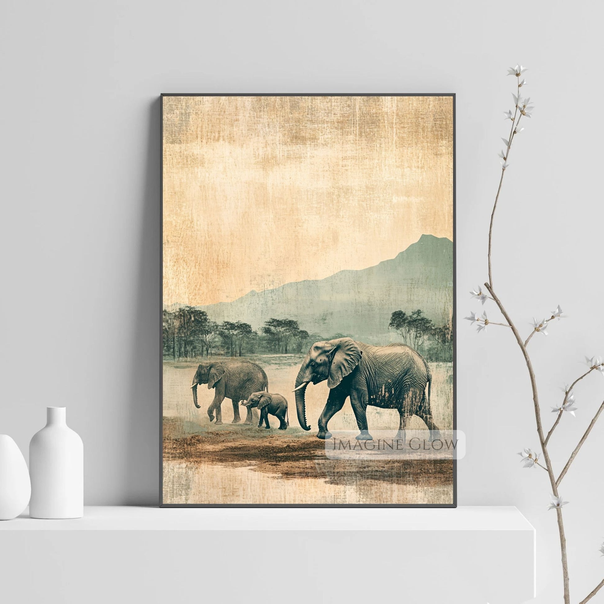 African wildlife art featuring a family of elephants.