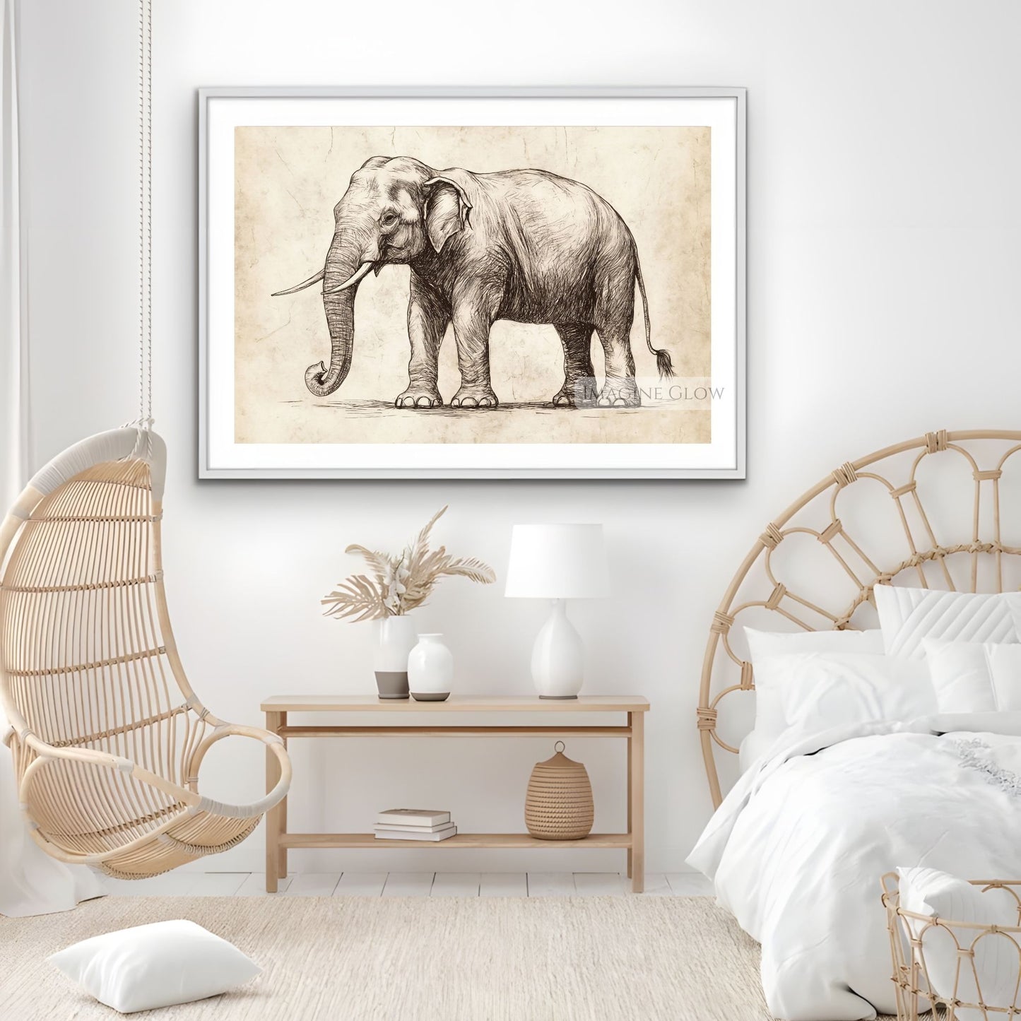 Hand-drawn elephant art print for wildlife lovers.