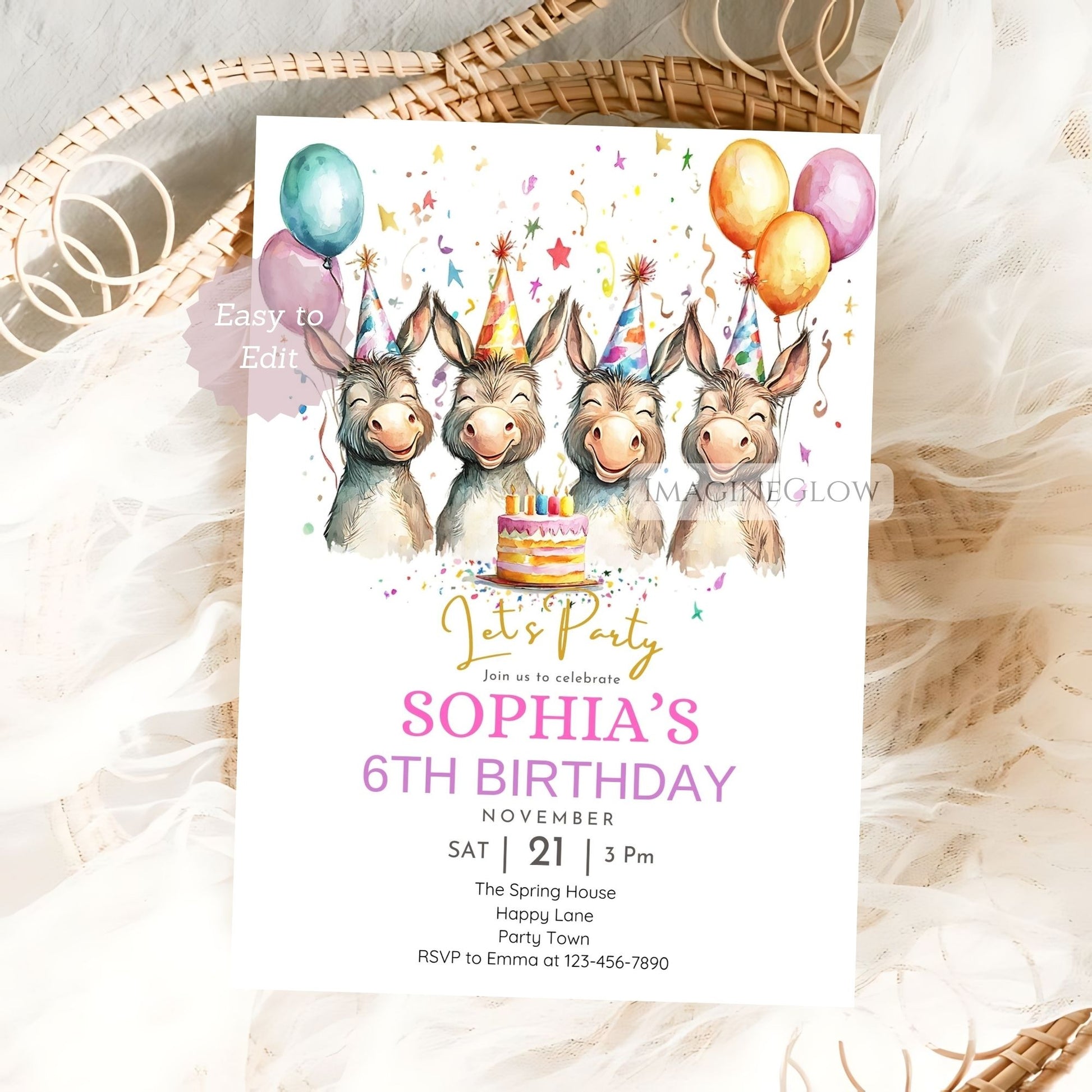 Canva editable donkey invitation