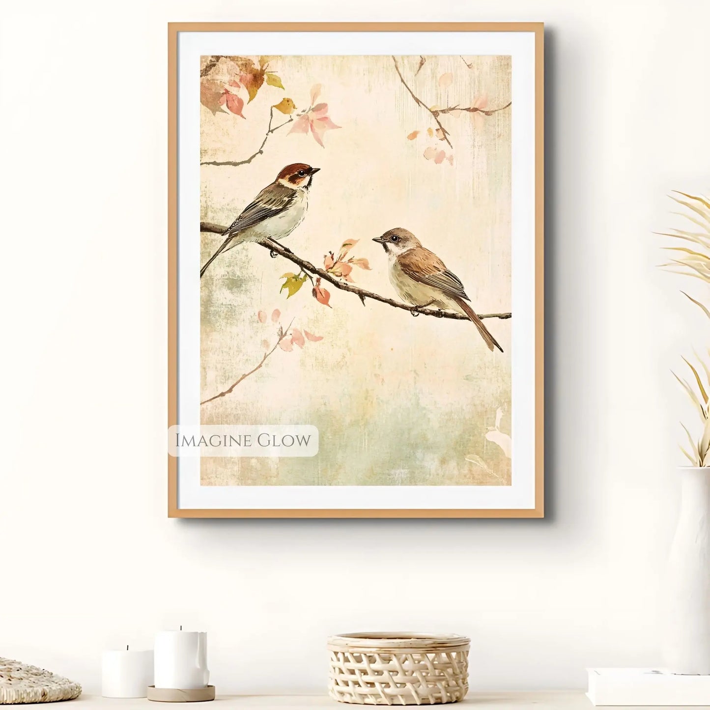Rustic farmhouse bird print with two birds on branch.