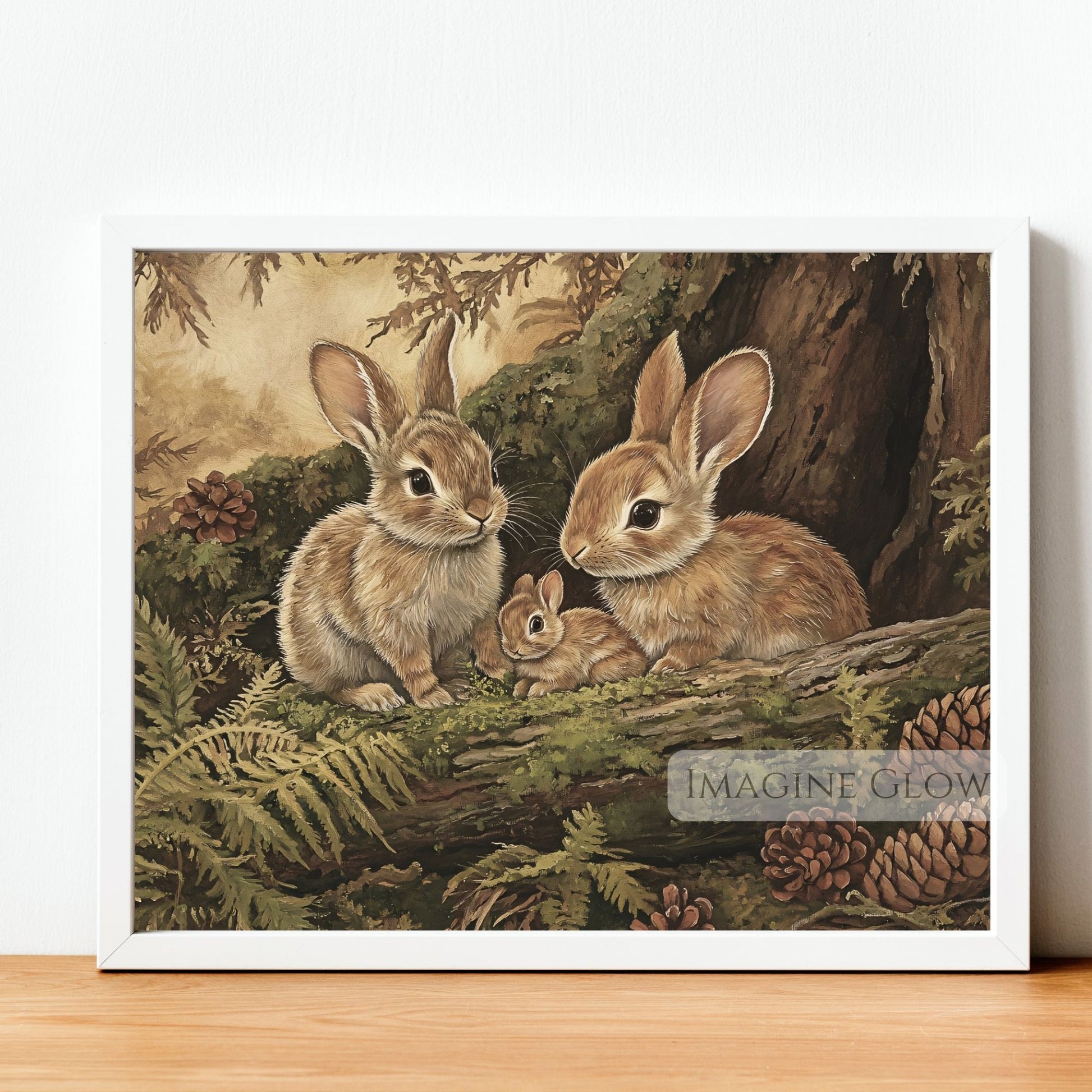 Woodland-themed rabbit family wall art.
