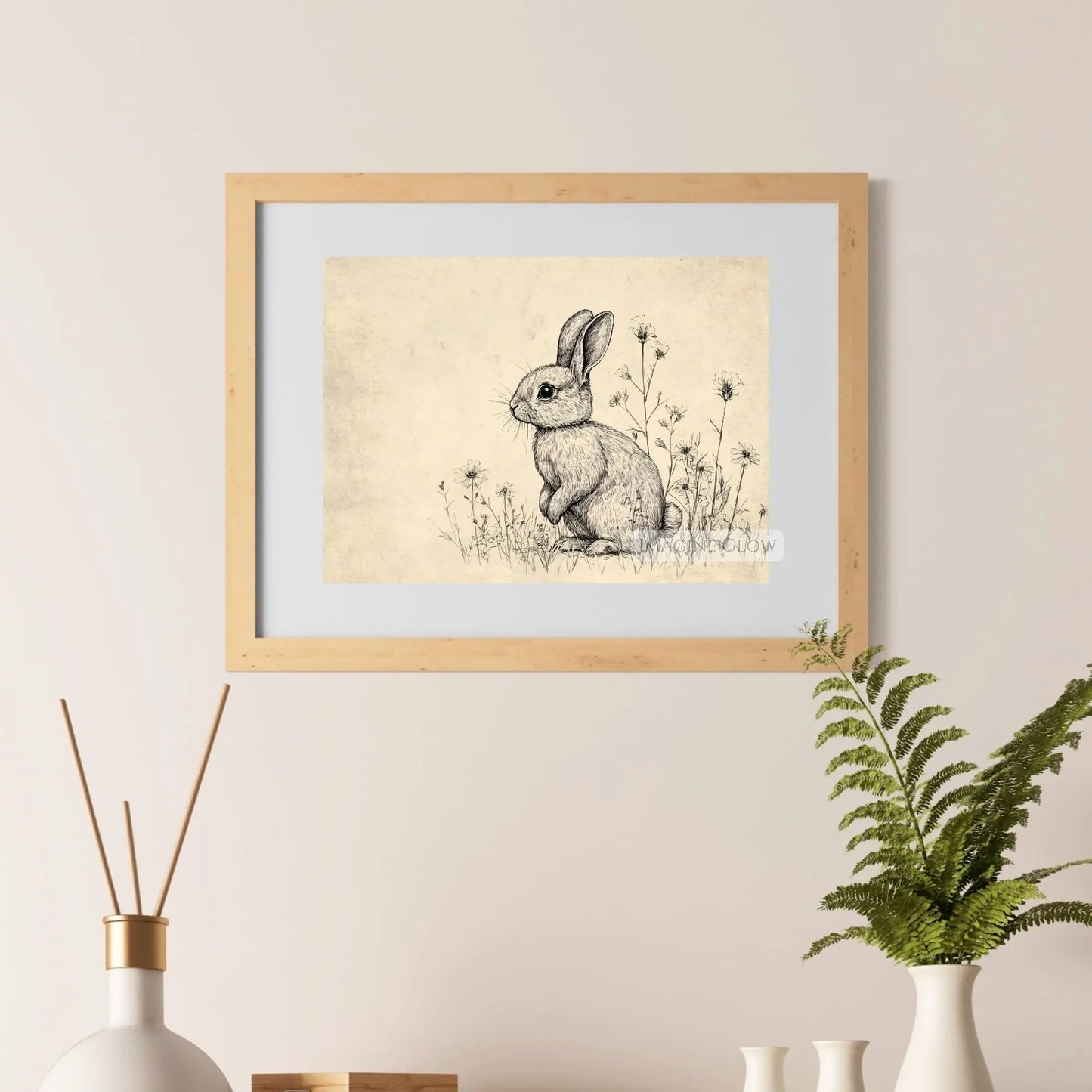 Rustic farmhouse bunny print with spring wildflowers.