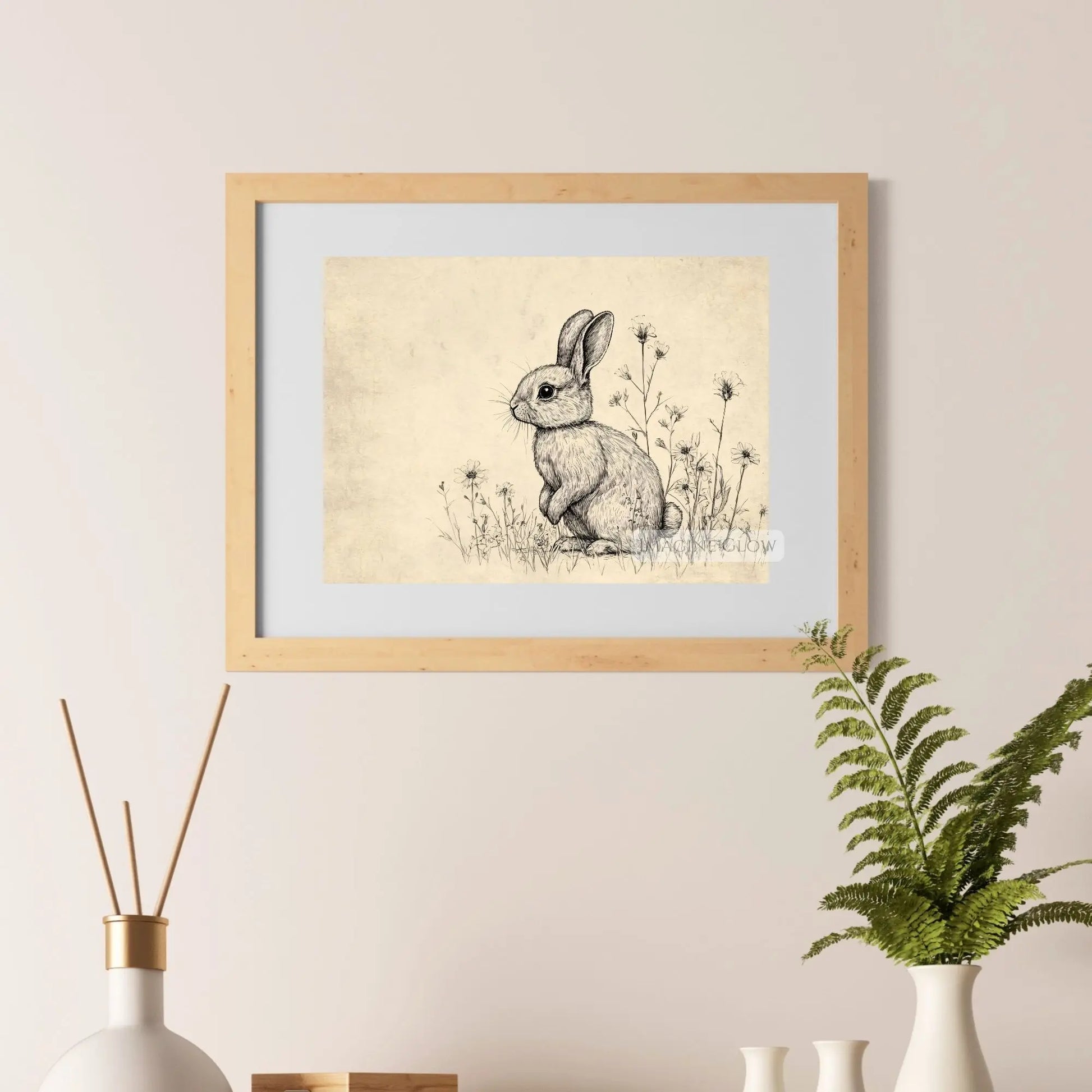 Rustic farmhouse bunny print with spring wildflowers.
