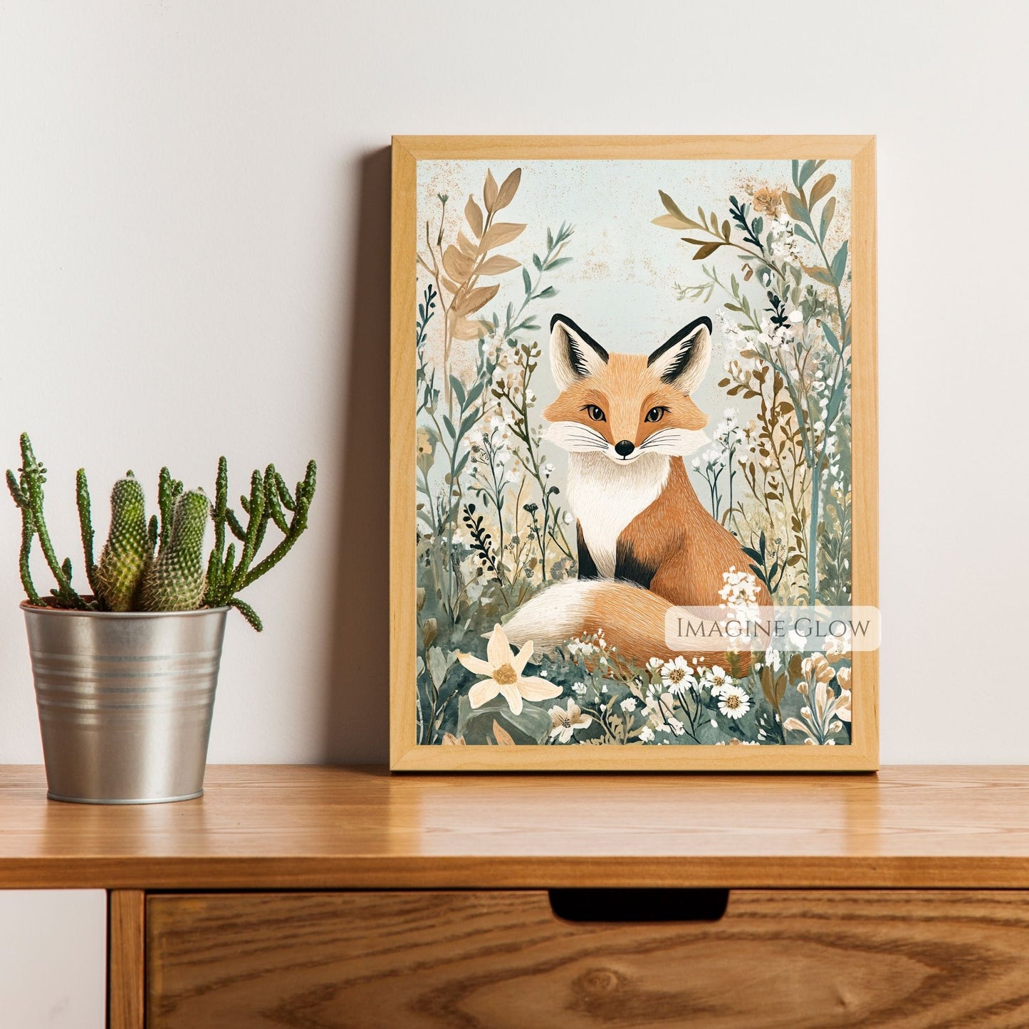 Serene fox and wildflower illustration for decor.