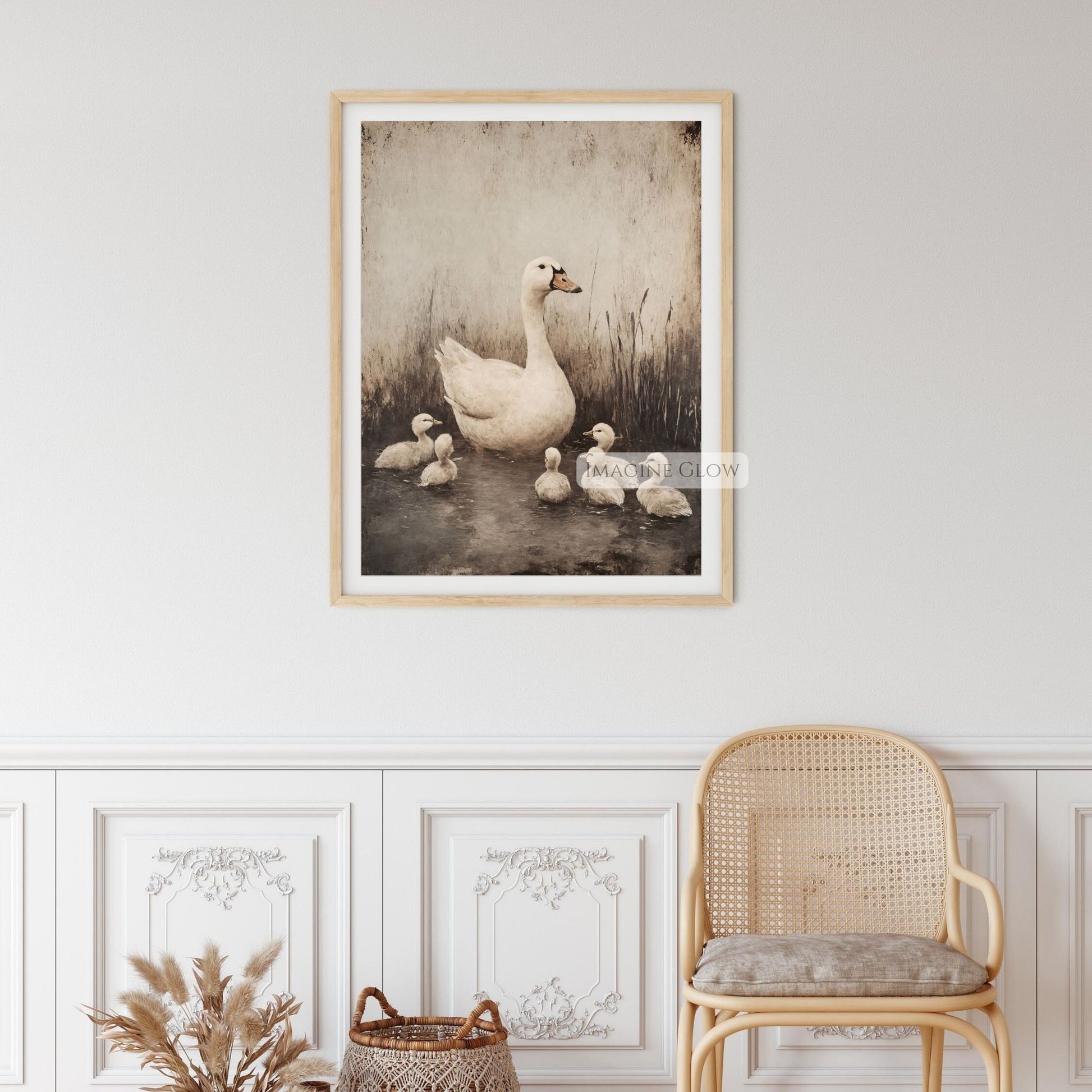 Charming country art of a mother goose with goslings in pond