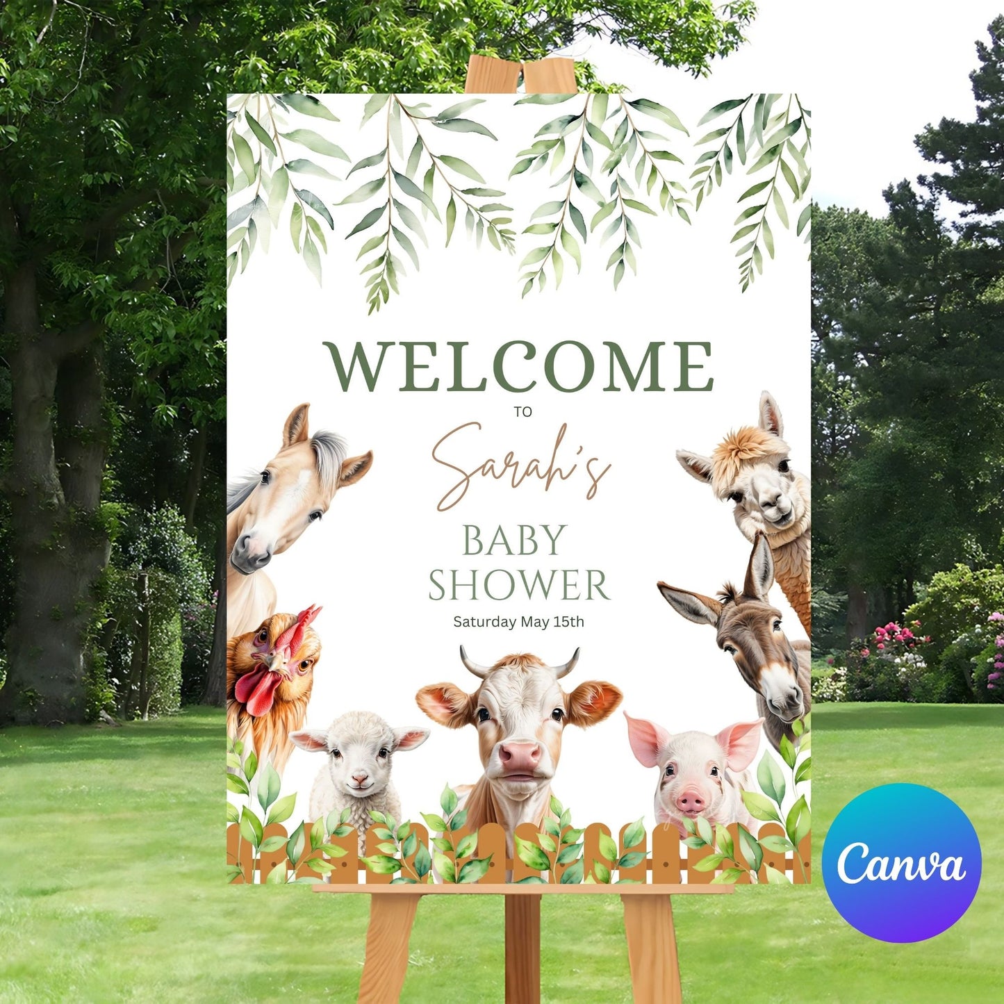 Customizable farm animal baby shower poster with greenery theme.
Rustic farm baby shower decoration with editable party sign.