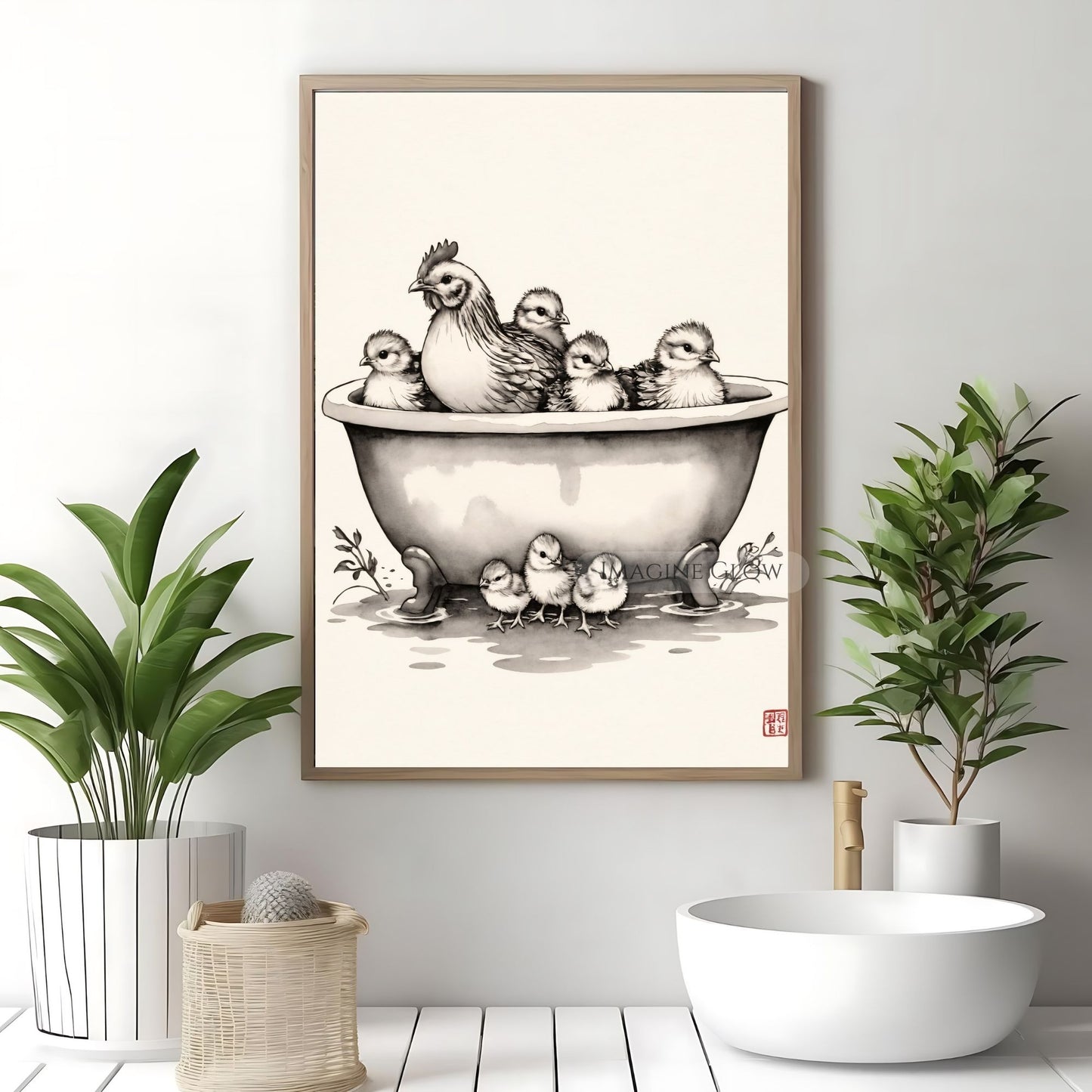 Hen and chick in bathtub farmhouse bathroom wall art