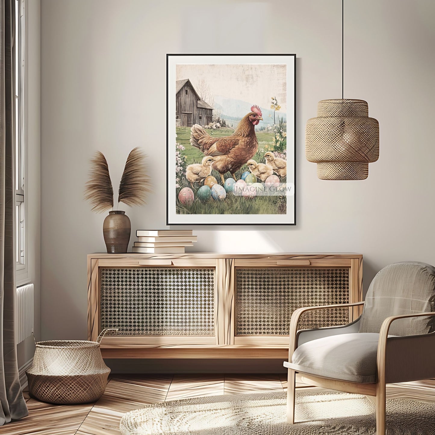 Easter egg hunt vintage print with hen and chicks.