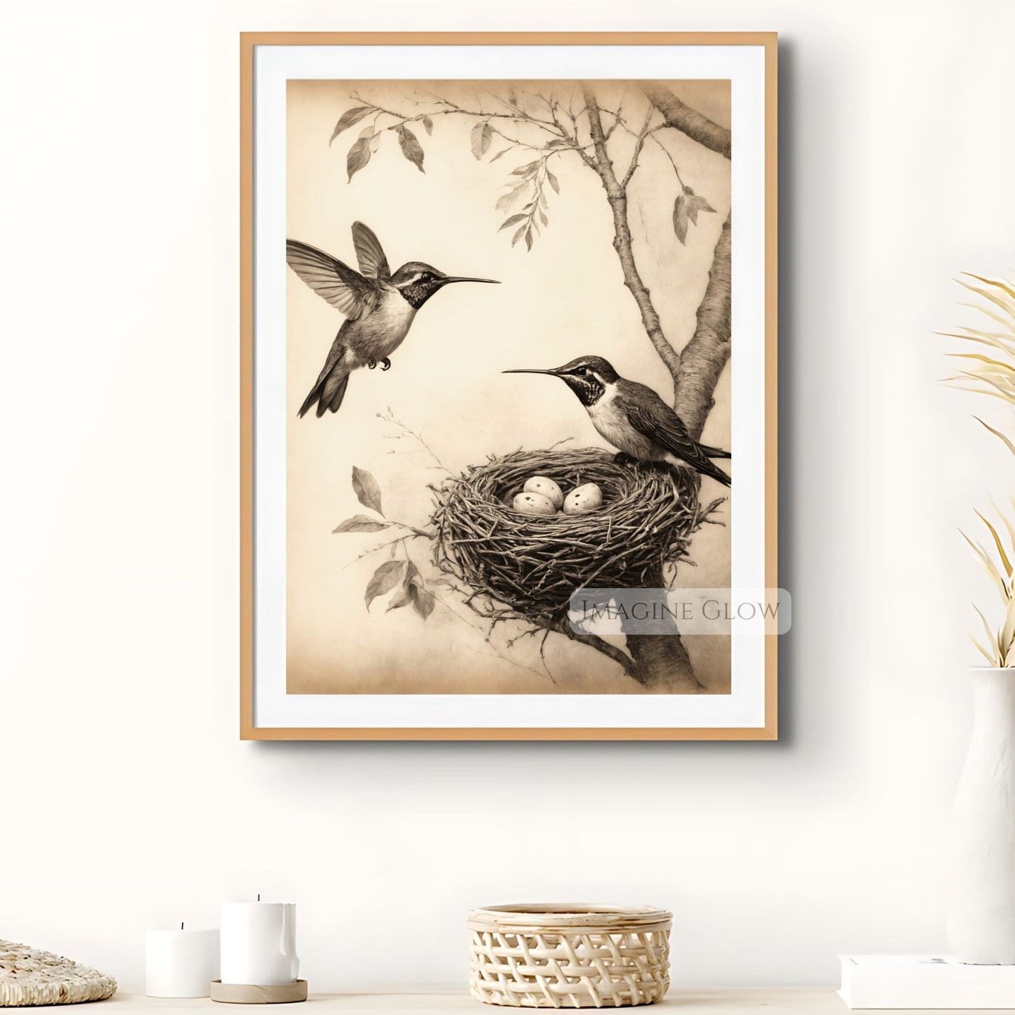 Delicate botanical bird nest painting for collectors