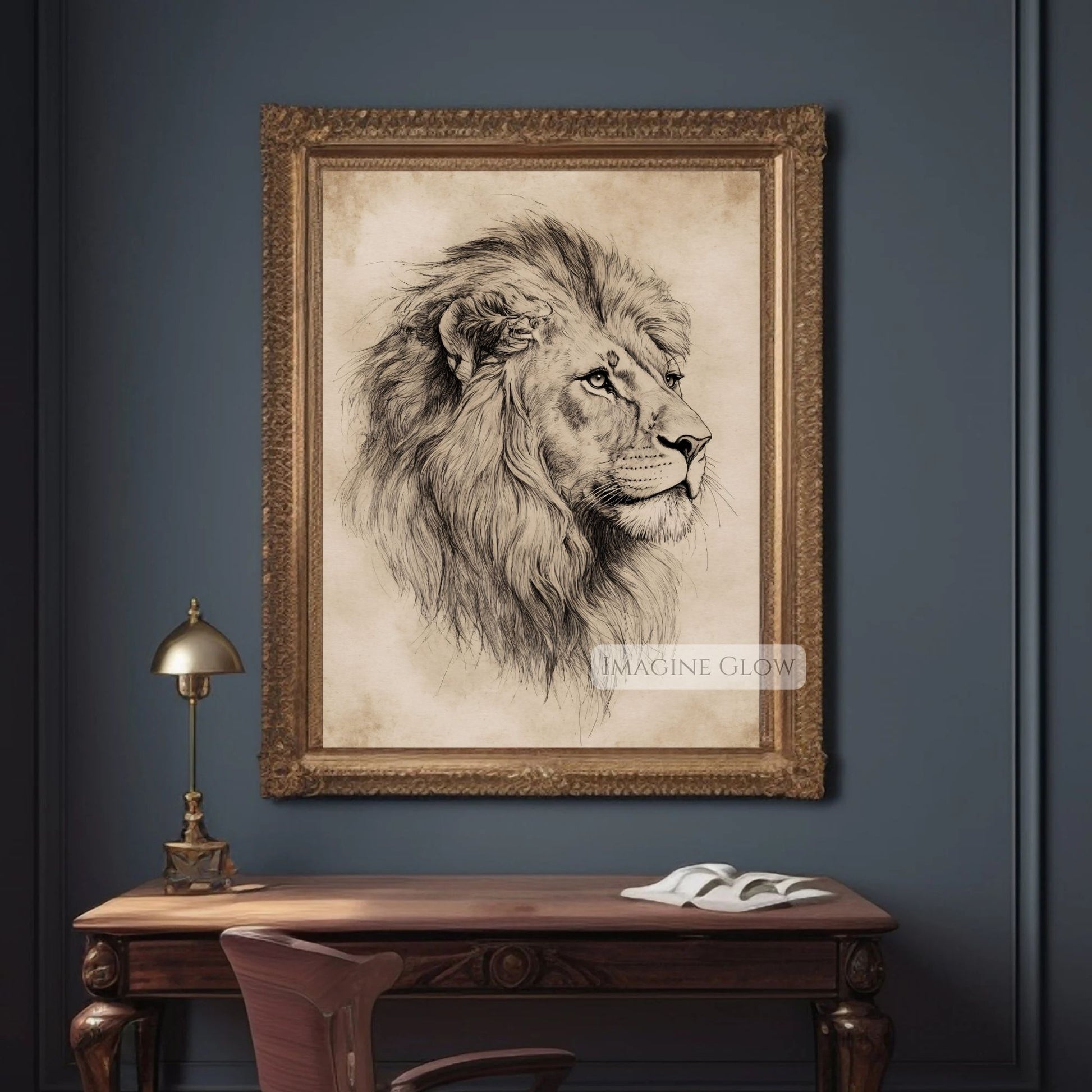 Hand-drawn lion illustration for rustic and safari interiors.