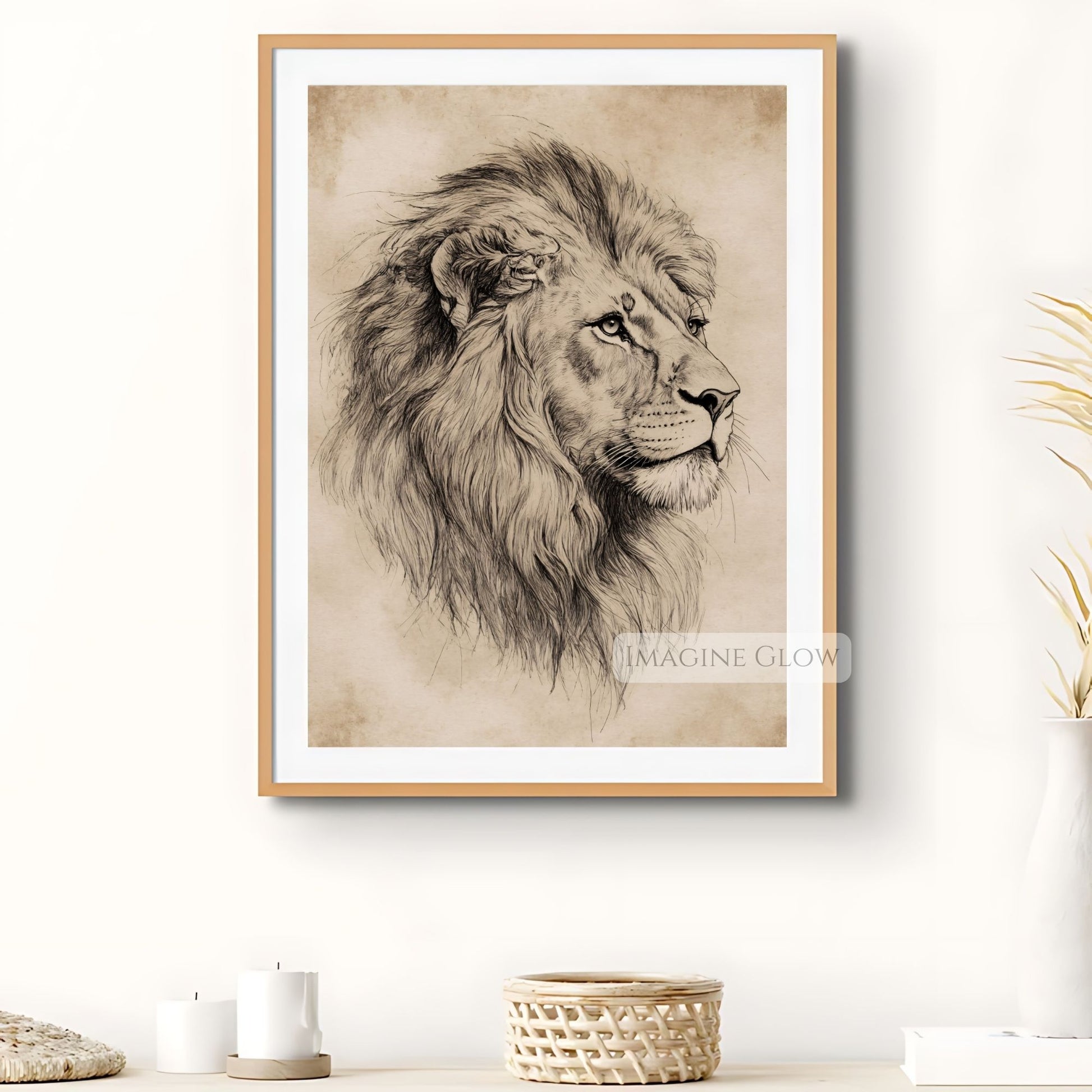 Vintage lion sketch wall art for animal lovers.