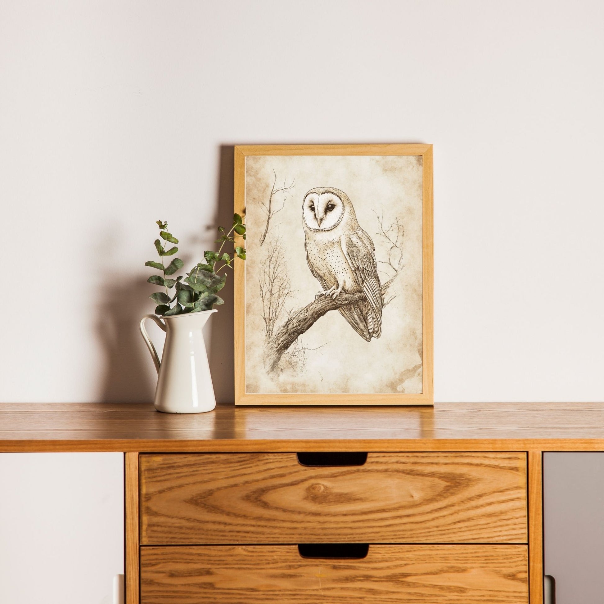 Rustic owl art print for wildlife lovers and home decor.