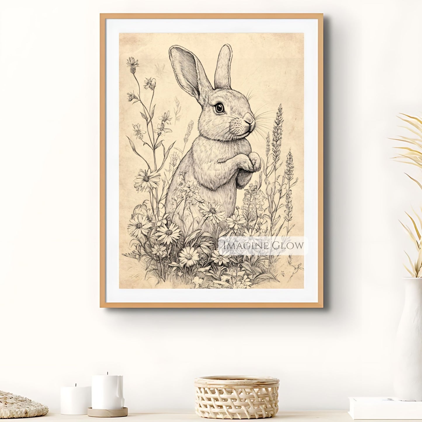 Rabbit floral art print with antique charm.