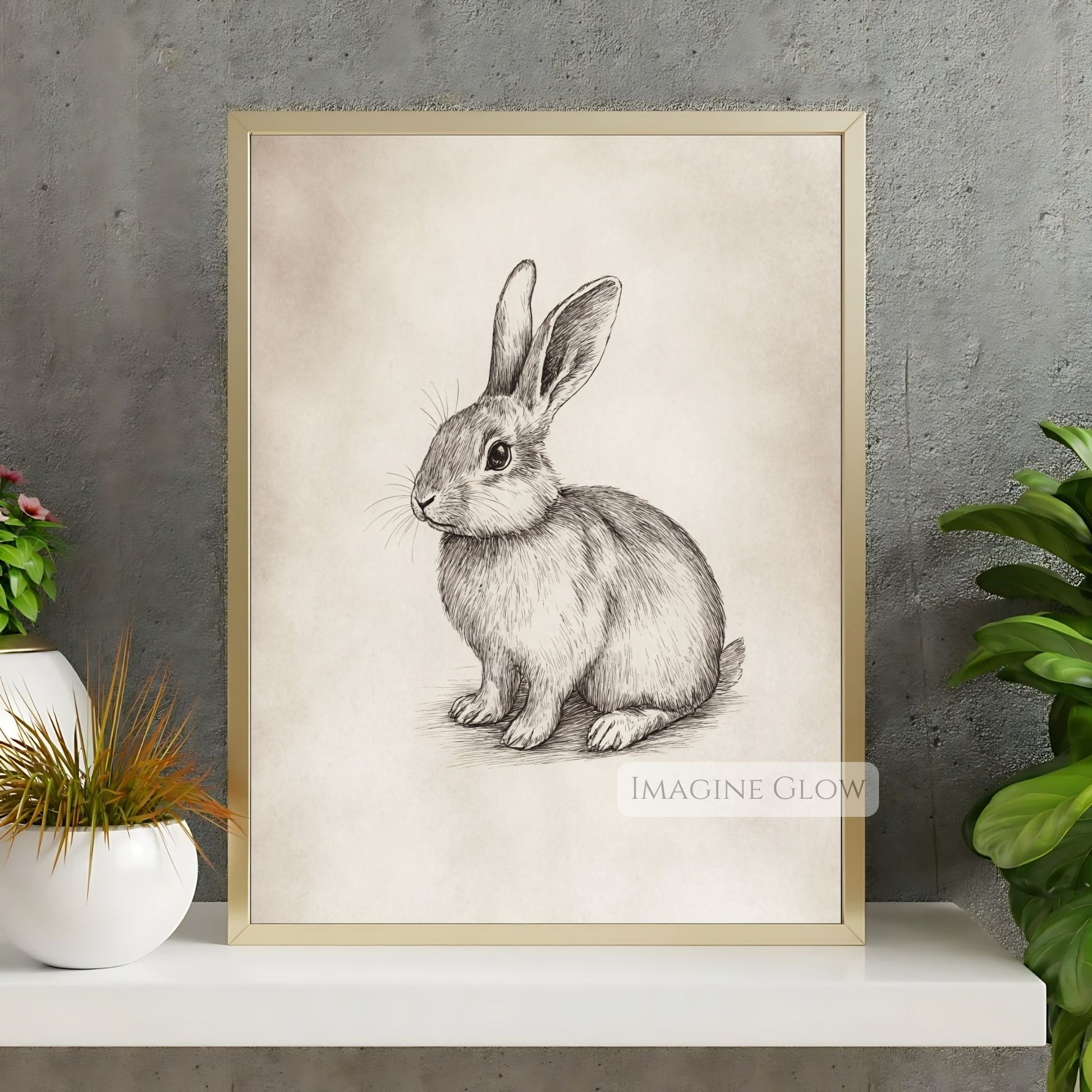 Vintage-style rabbit sketch art for animal-themed spaces.