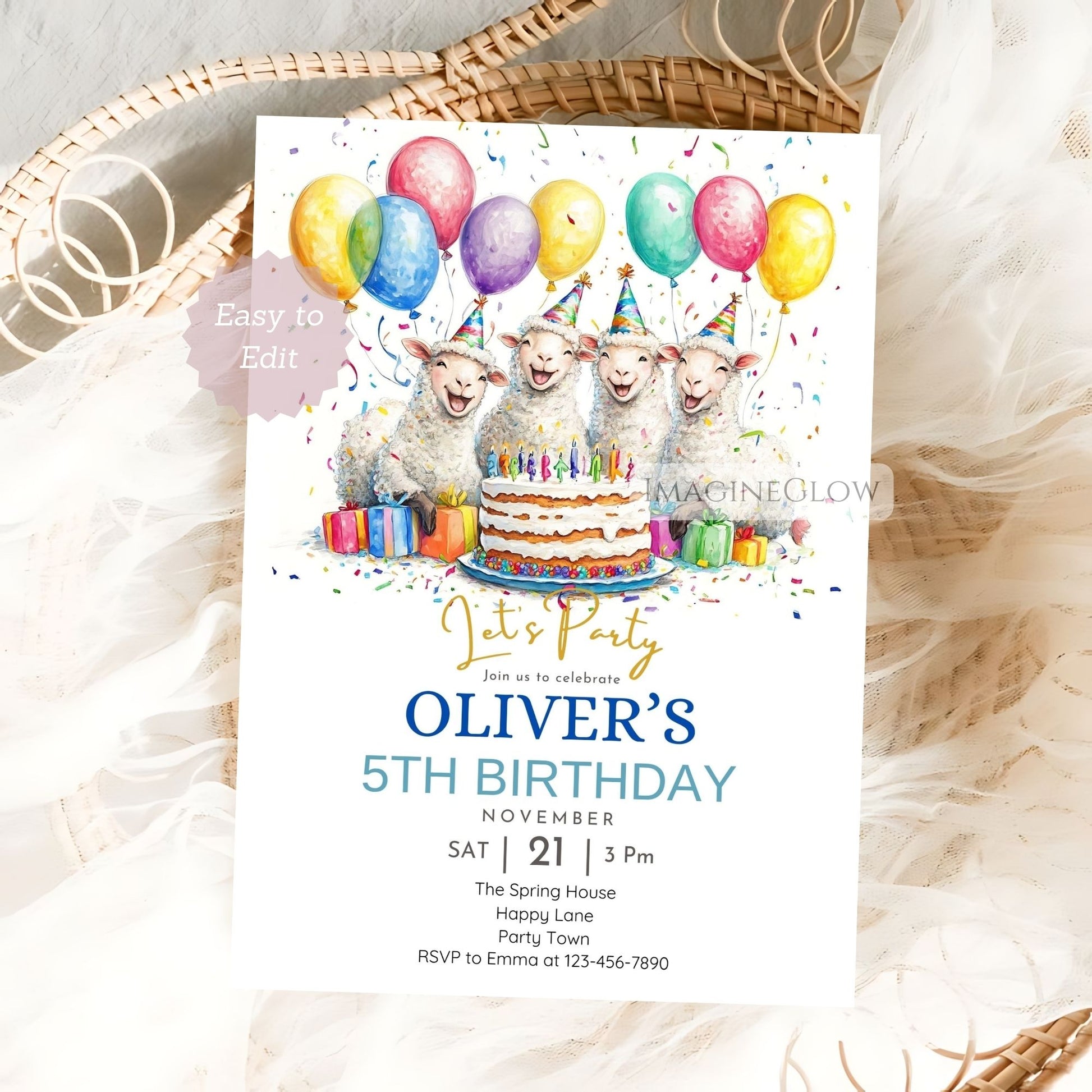 Sheep illustration on birthday invite