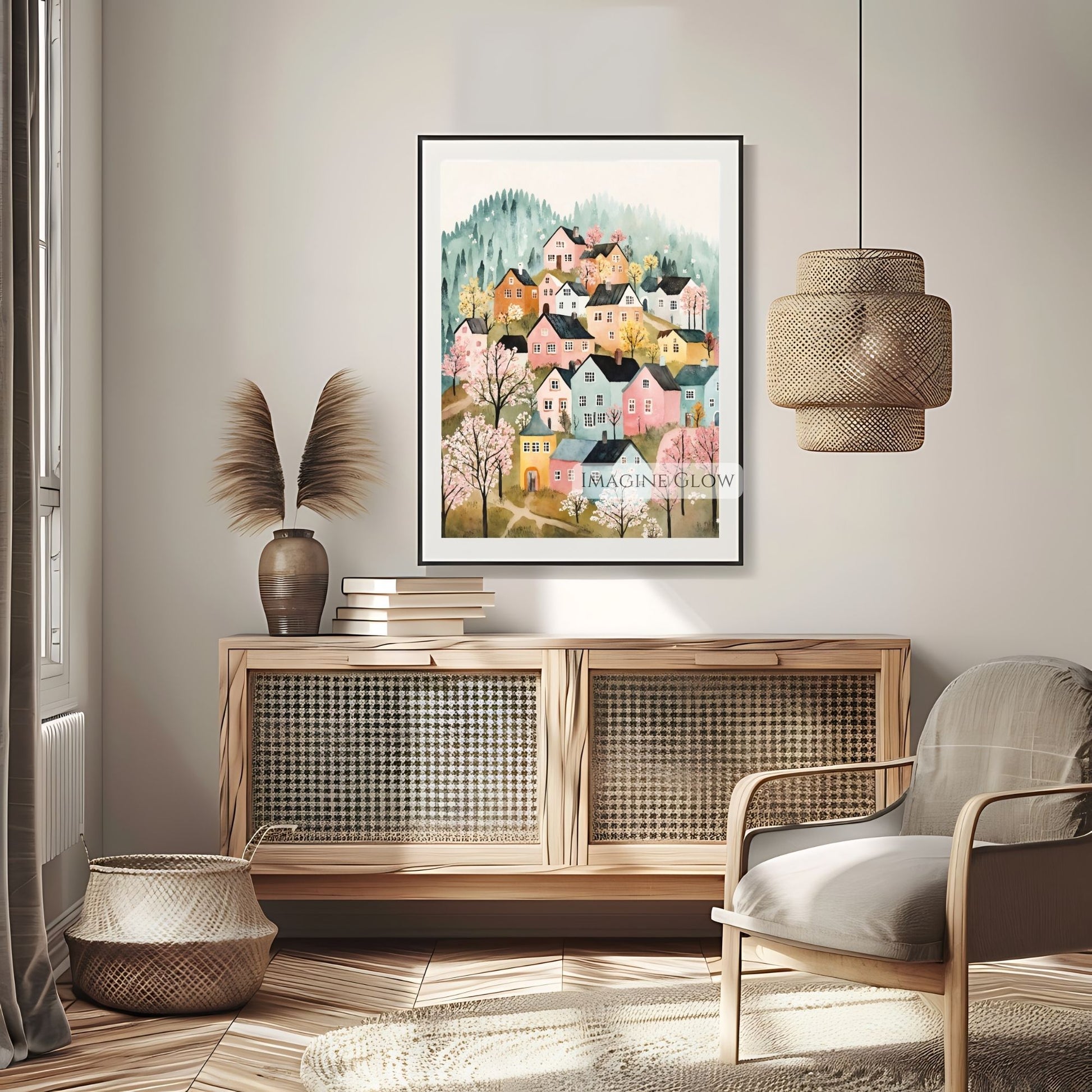 Rustic spring village scene digital illustration