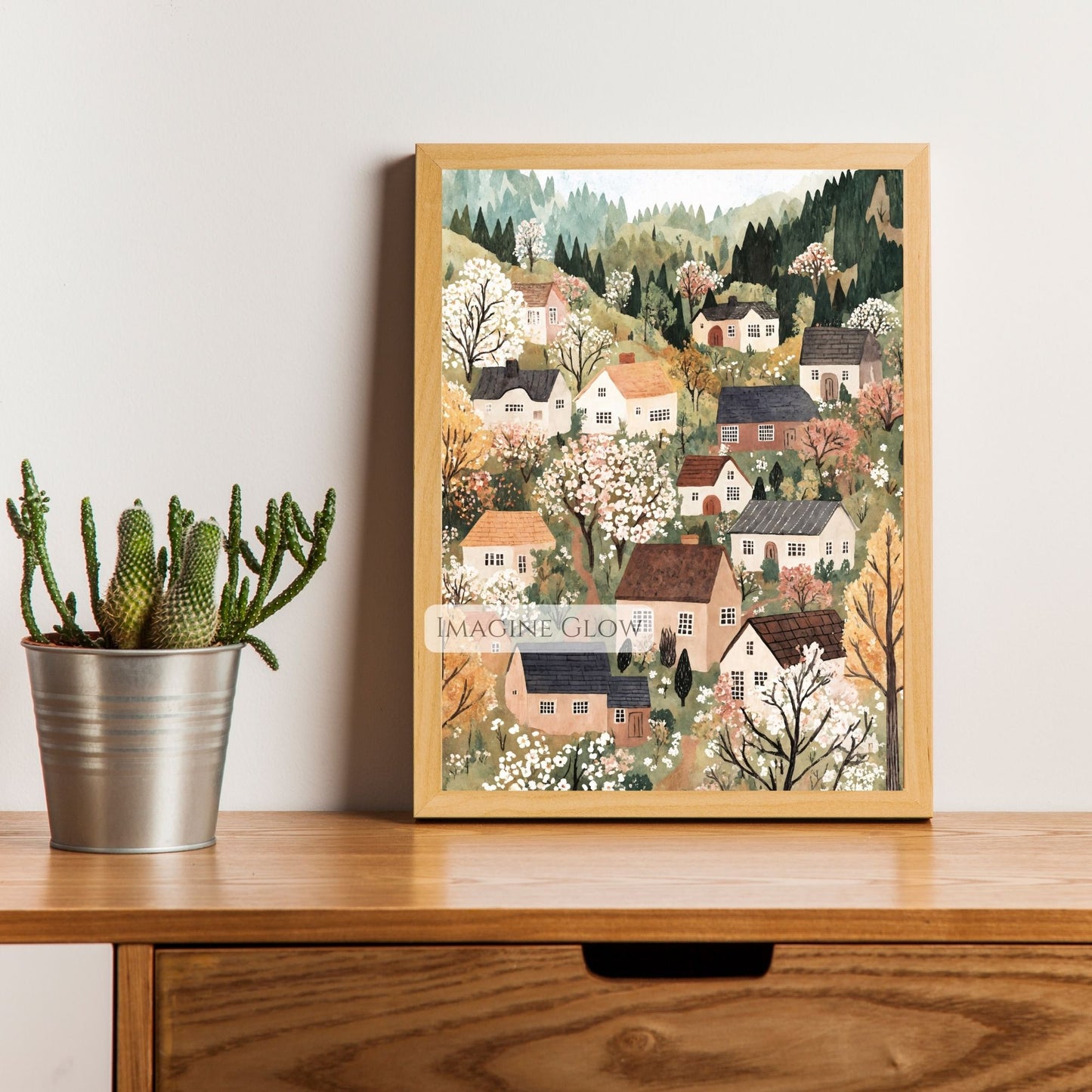 Rustic springtime village scene with flowering trees