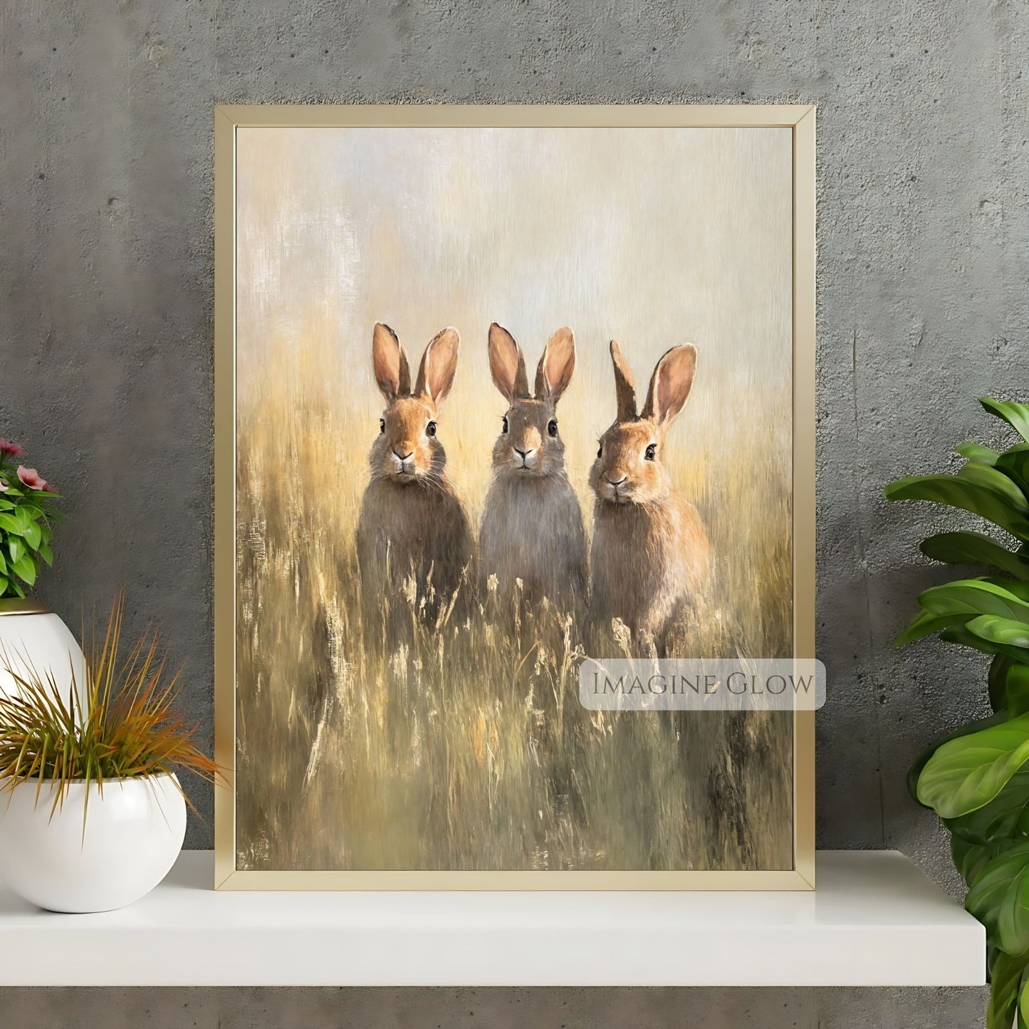 Three rabbits in grass vintage painting for home decor
