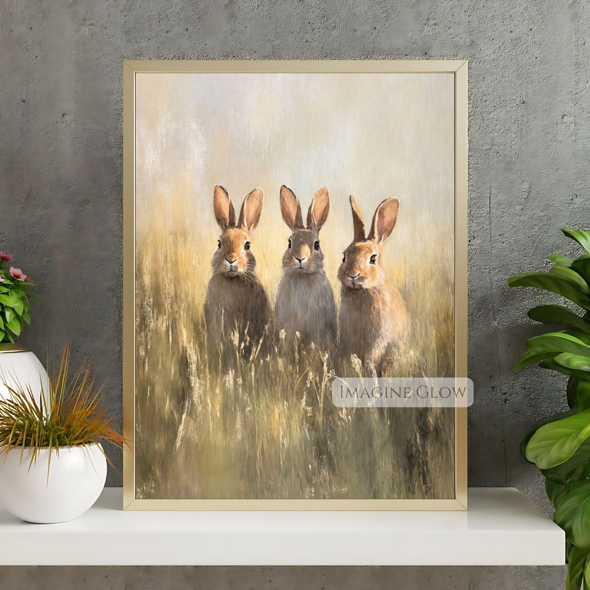 Three rabbits in grass vintage painting for home decor