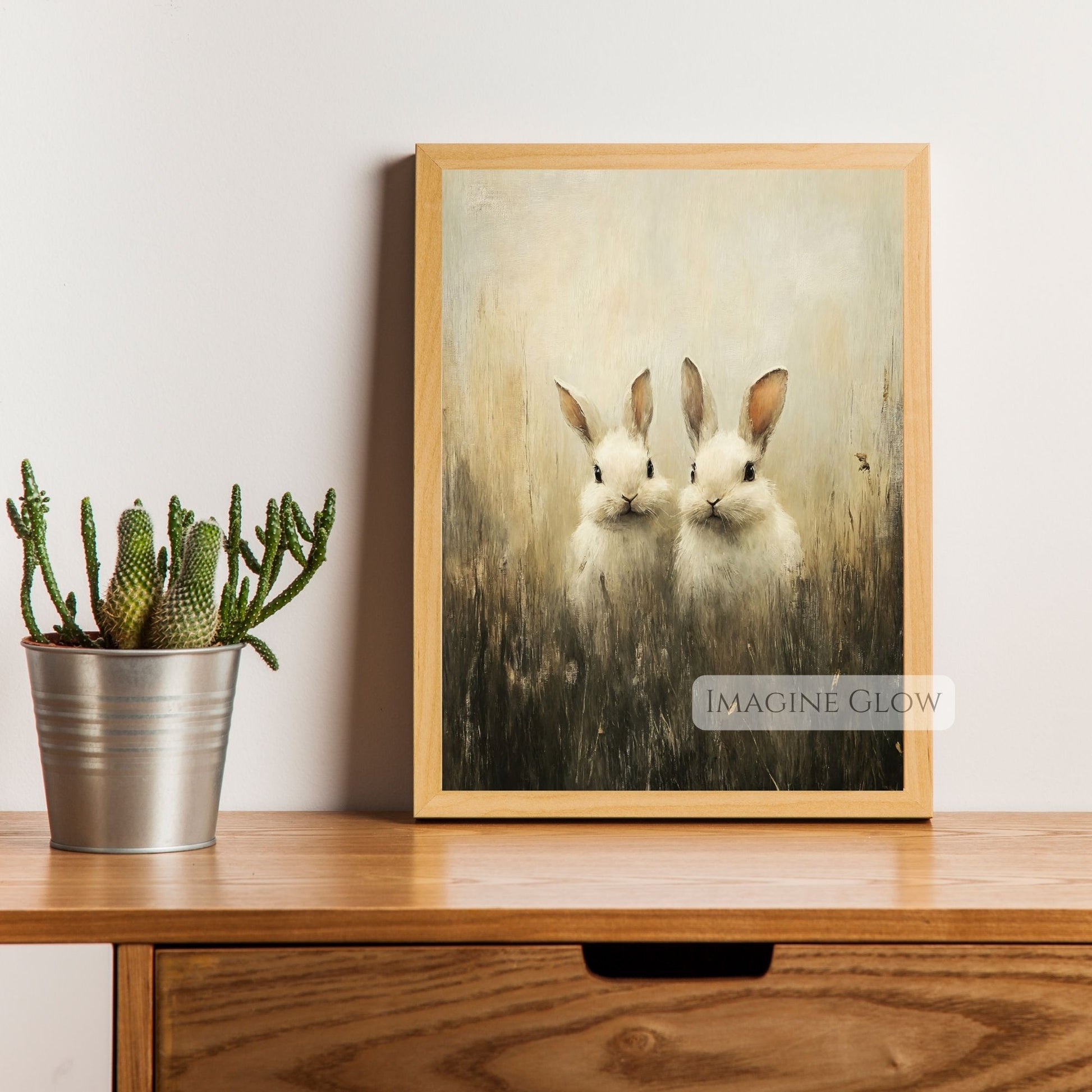 Two rabbits in grass vintage painting for home decor