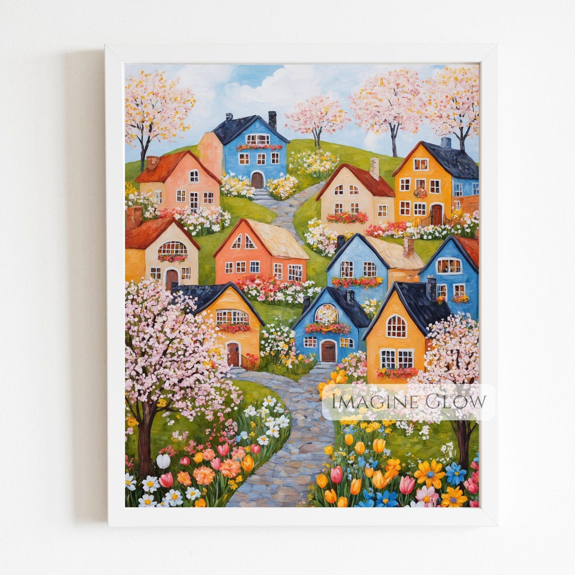 Folk art digital print of a springtime countryside village