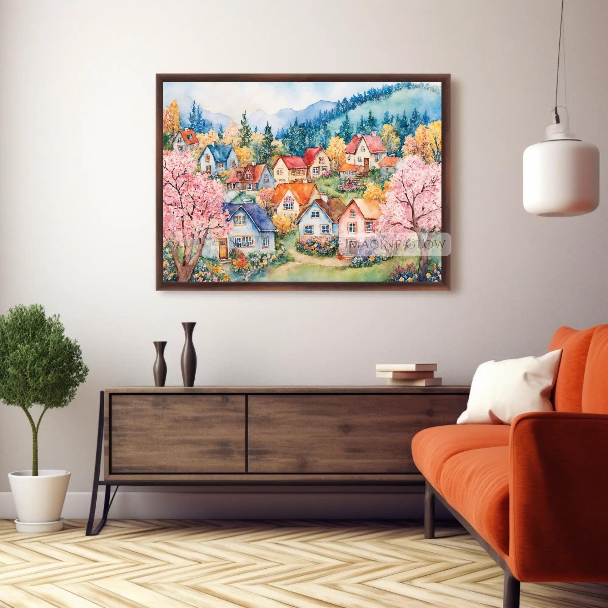 Beautiful floral art of a rustic village in springtime