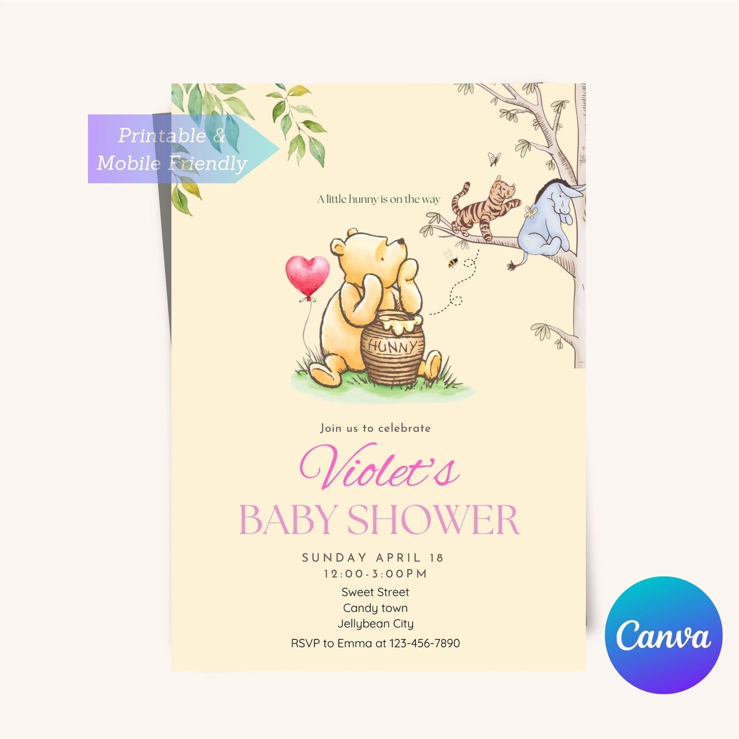 Cute Winnie the Pooh gender-neutral baby shower invite.